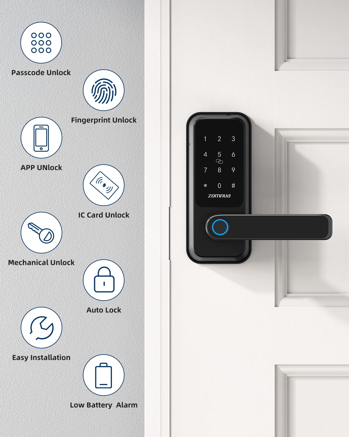 Zomnua Wifi Smart Lock With Handle,Fingerprint Lever Keyless Entry Door Lock With Keypad, Alexa Digital Electronic Smart Deadbolt For Front Door With Gateway,Bluetooth App, Fob Keys