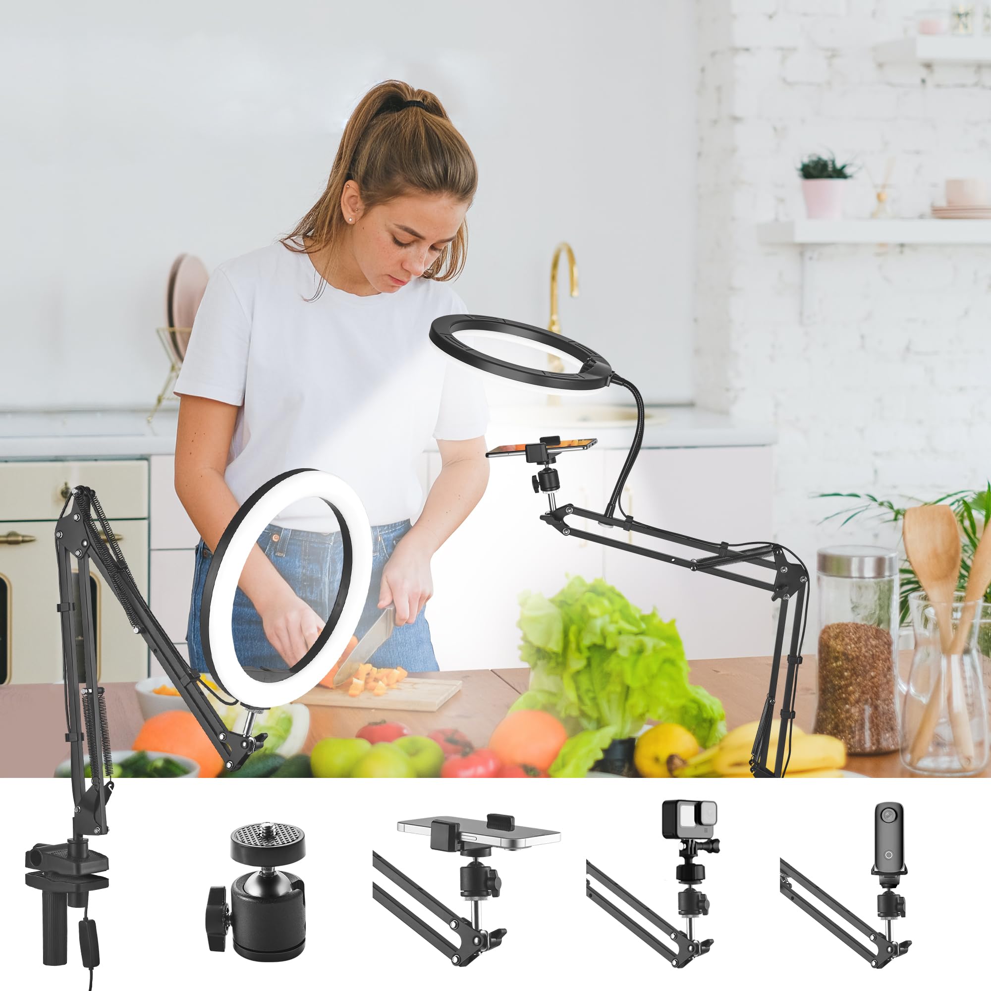 Lilanzo Overhead Camera Phone Mount, 10" Desk Ring Light For Computer, Overhead Tripod Phone Mount For Iphone Live Streaming/Laptop Conference/Chat/Makeup/Youtube/Tiktok/Vlog