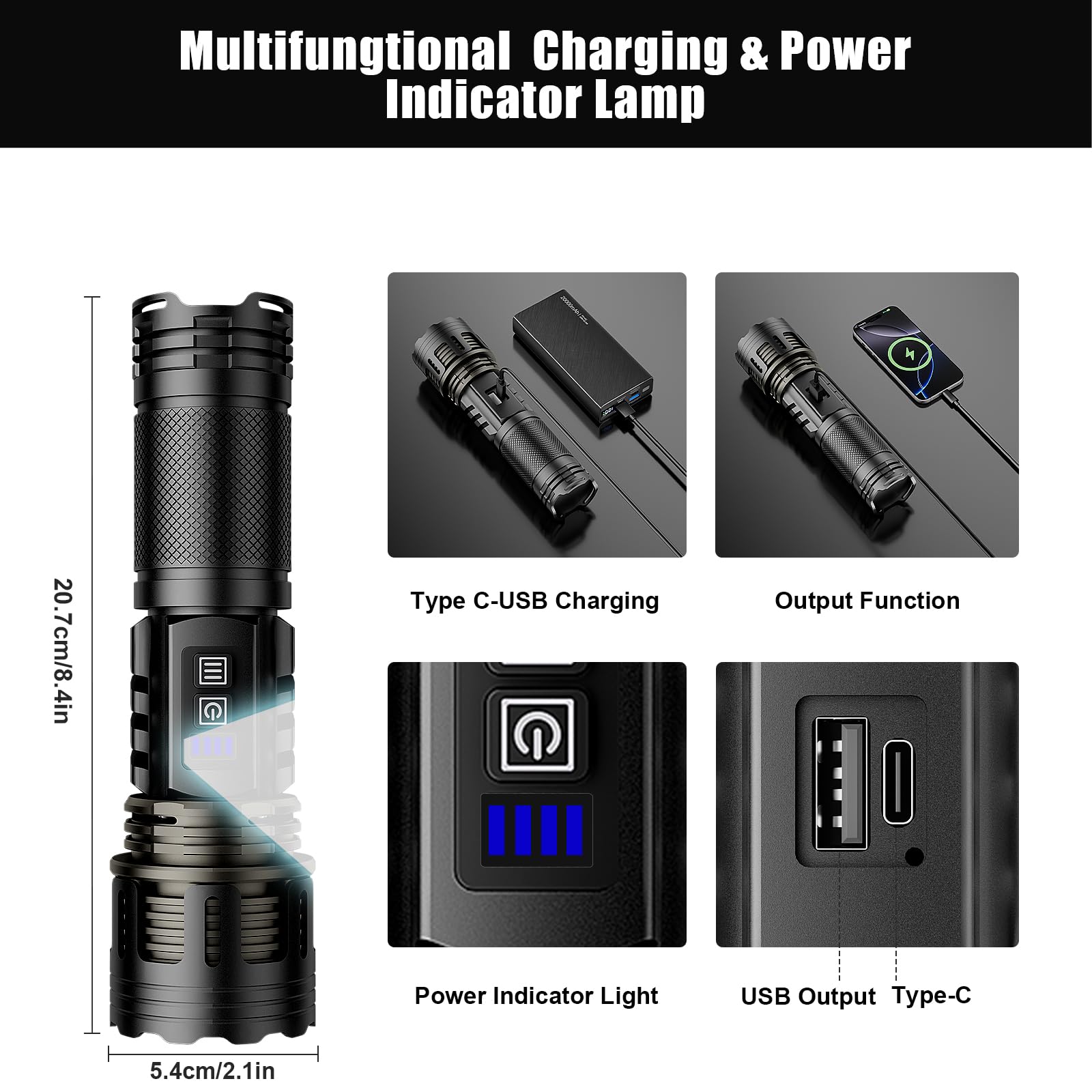 Skyfire Led Rechargeable Flashlight 2000000Lm High Lumens With Ambient Lamp,Super Bright Utility Flashlights With 2 Colors,Focusable,Waterproof Flash Light For Camping Essentials,Outdoor&Home-Black