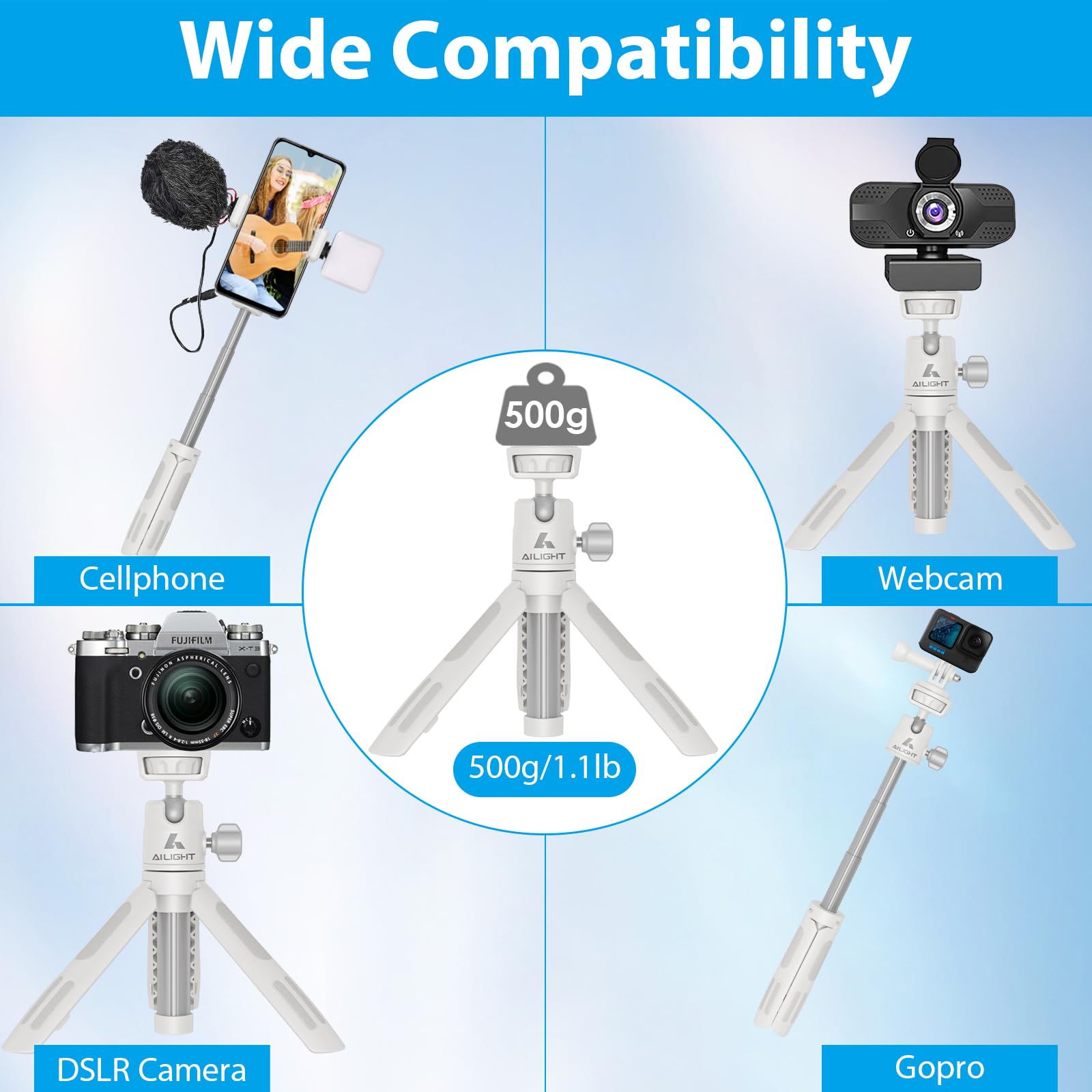 Ailight Mini Phone Tripod & Selfie Stick, Extendable Tripod Stand With Phone Clip Holder And Goproadapter, 12.2' Mini Travel Tripod Compatible With Iphone/Android, Dslr Camera