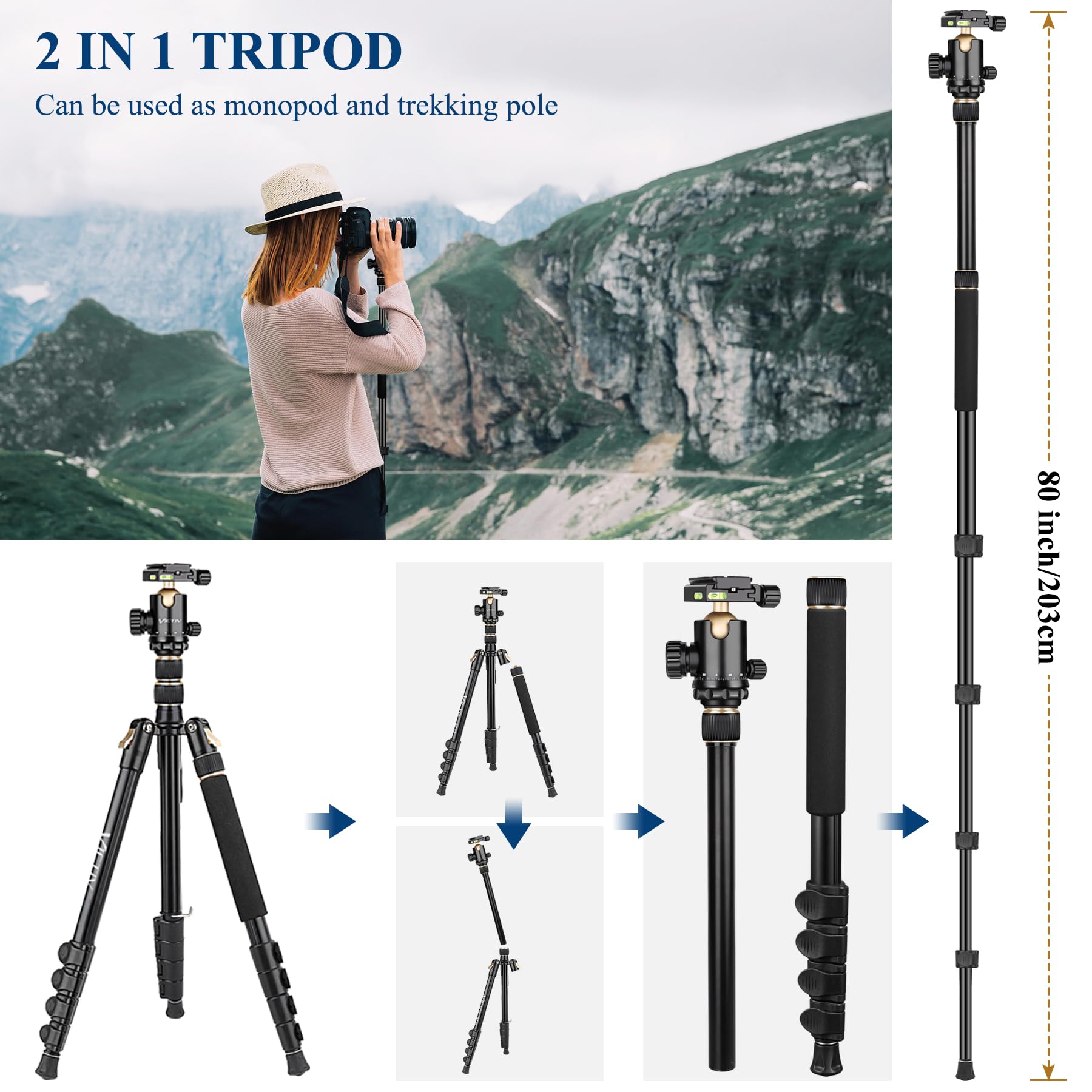 Victiv 77" Aluminum Camera Tripods & Monopods, Compact Travel Tripod For Camera Dslr, Spotting Scope,Telescope, Binoculars, Porfessional Heavy Duty Camera Tripod Stand For Photography Video Recording