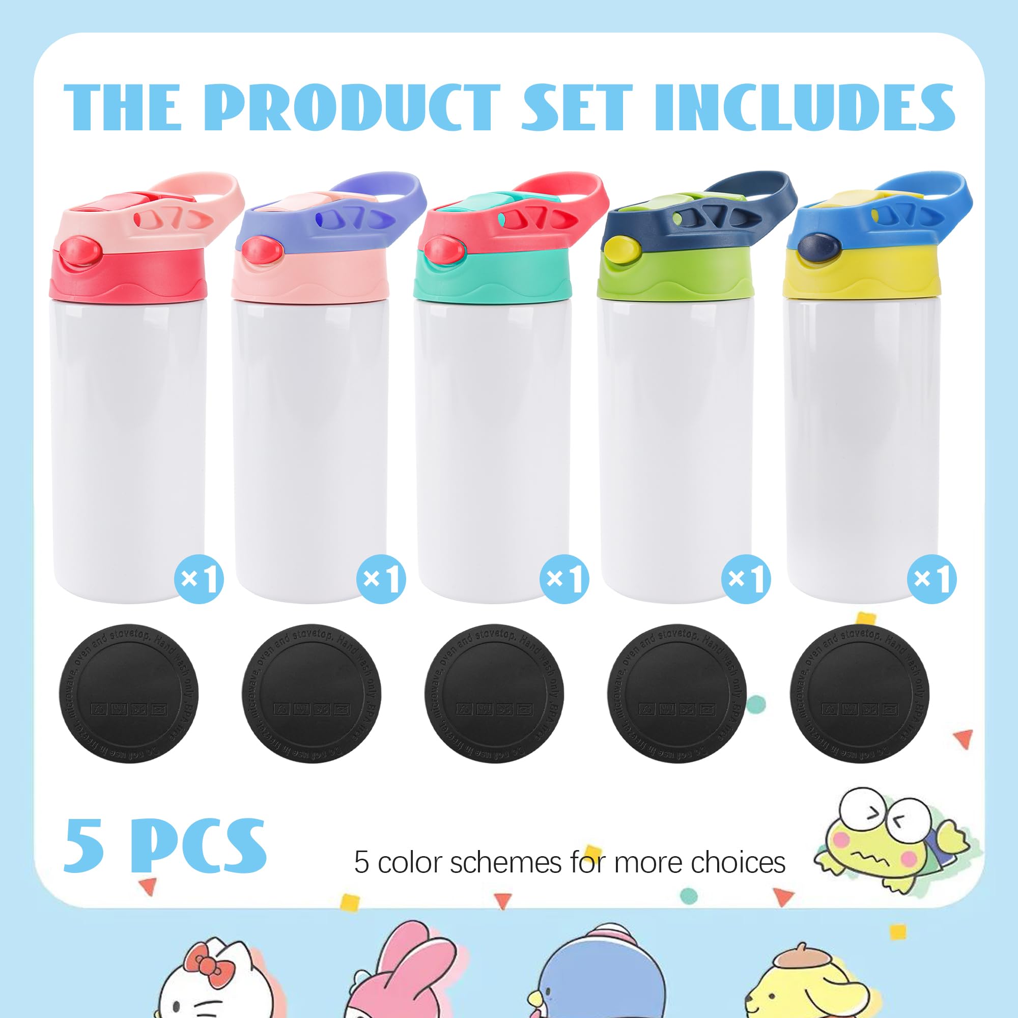 Joyclub 5 Pack Kids Sublimation Tumbler With Lid And Straw 12 Oz Kids Sublimation Water Bottles