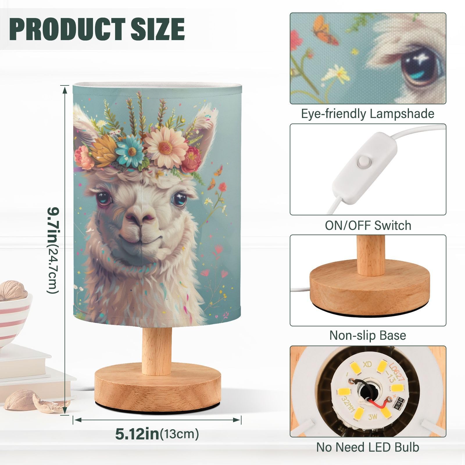 Goodold Cute White Alpaca Led Table Lamp - Modern Minimalist Bedside Lamp With Round Flaxen Fabric Shade For Nightstand, Perfect For Bedroom Ambiance