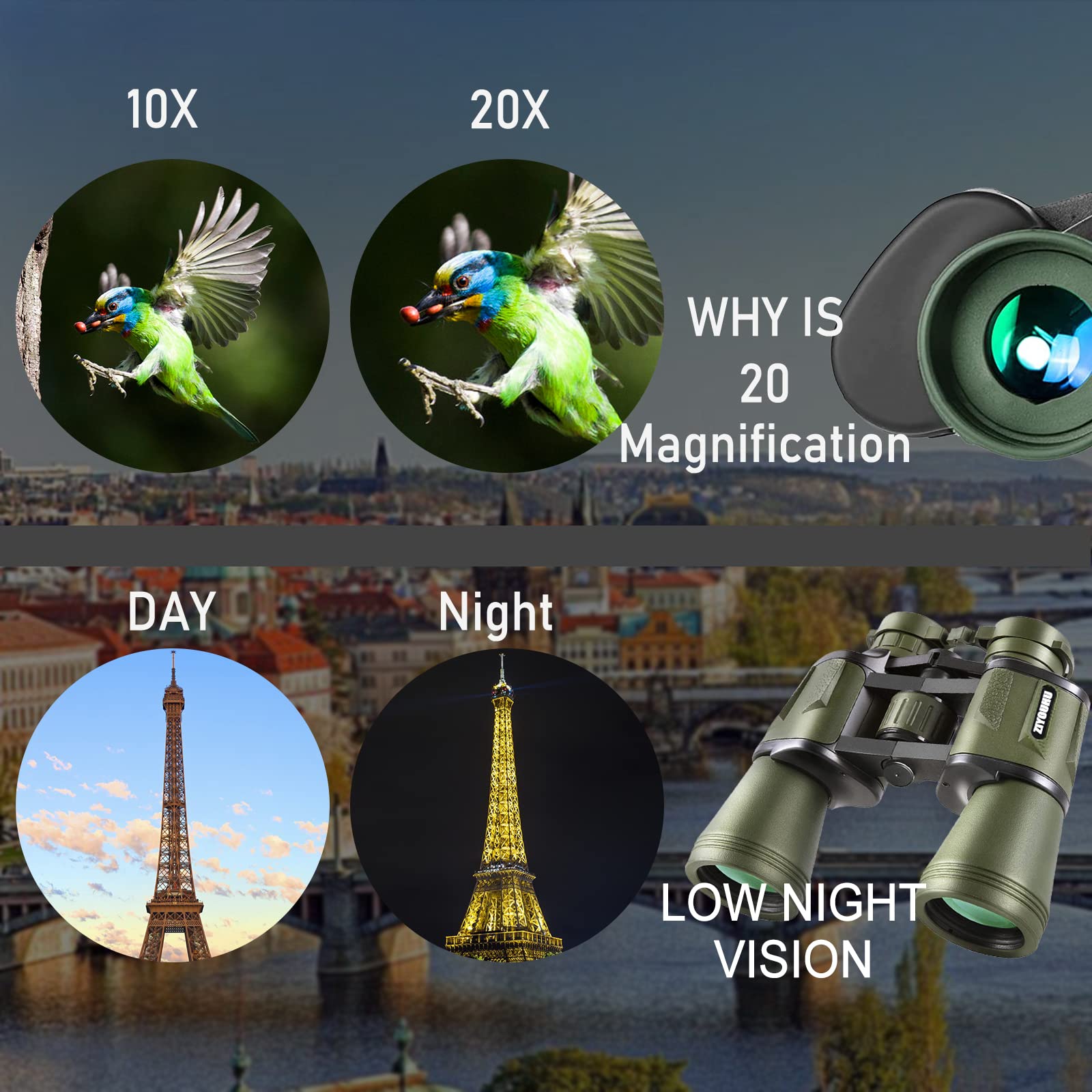 Ziyouhu 20X50 Binoculars For Adults And Kids,High Power Military Low Light Night Vision Binoculars,Waterproof Hd Professional/Compact Binoculars,Telescope For Adults Bird Watching Travel Hunting Stargazing