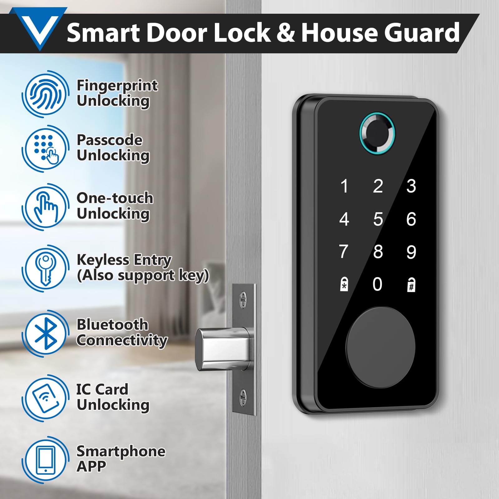 Tgcfing Smart Fingerprint Door Lock, Keyless Entry Door Lock, Front Door Lock With Digital Passcode Keypad, Bluetooth Electronic Deadbolt Lock, Anti-Peeping Password, Auto Lock For Home/Hotel/Office/Apartment