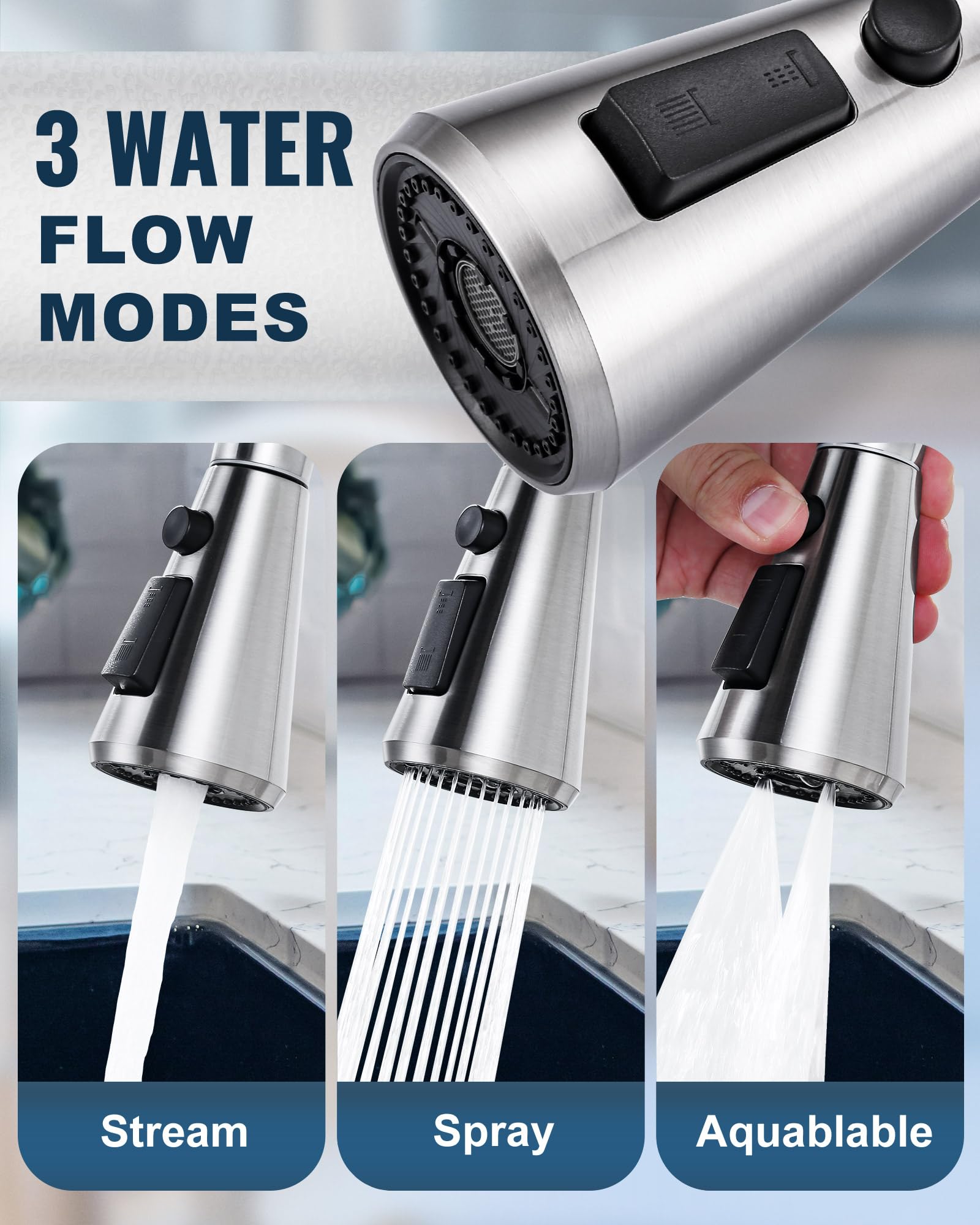 Aleasha Pull Down Spray Head For Kitchen Faucet,3-Function Sink Spray Nozzle With 9 Adapters,Kitchen Faucet Head Replacement Compatible With Moen,American Standard Faucets,Brushed Nickel