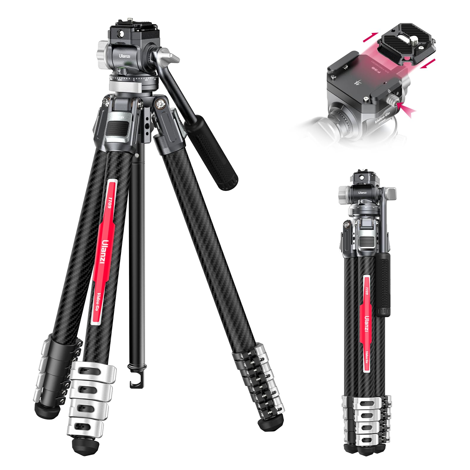 Ulanzi Tt09 Carbon Fiber Travel Video Tripod, 56" Lightweight Camera Tripod With F38 Quick Release 1/4" Screw & Video Head, For Most Cameras/Dslr/Projector, Weight 3.3Lbs, Maxload 44Lbs