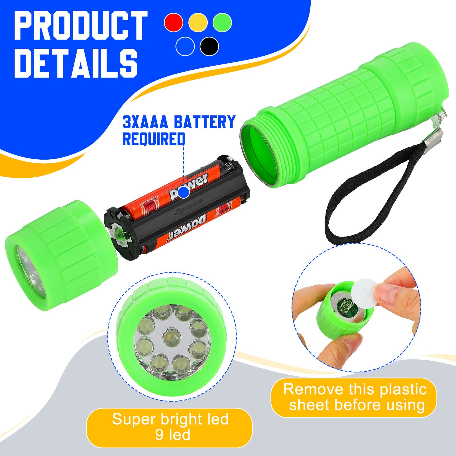 Riakrum 60 Pack 9 Led Flashlight Bulk Small Plastic Handheld Flashlights With Lanyard For Home School Night Reading Emergency Christmas , Aaa Batteries Included(Fresh Color)