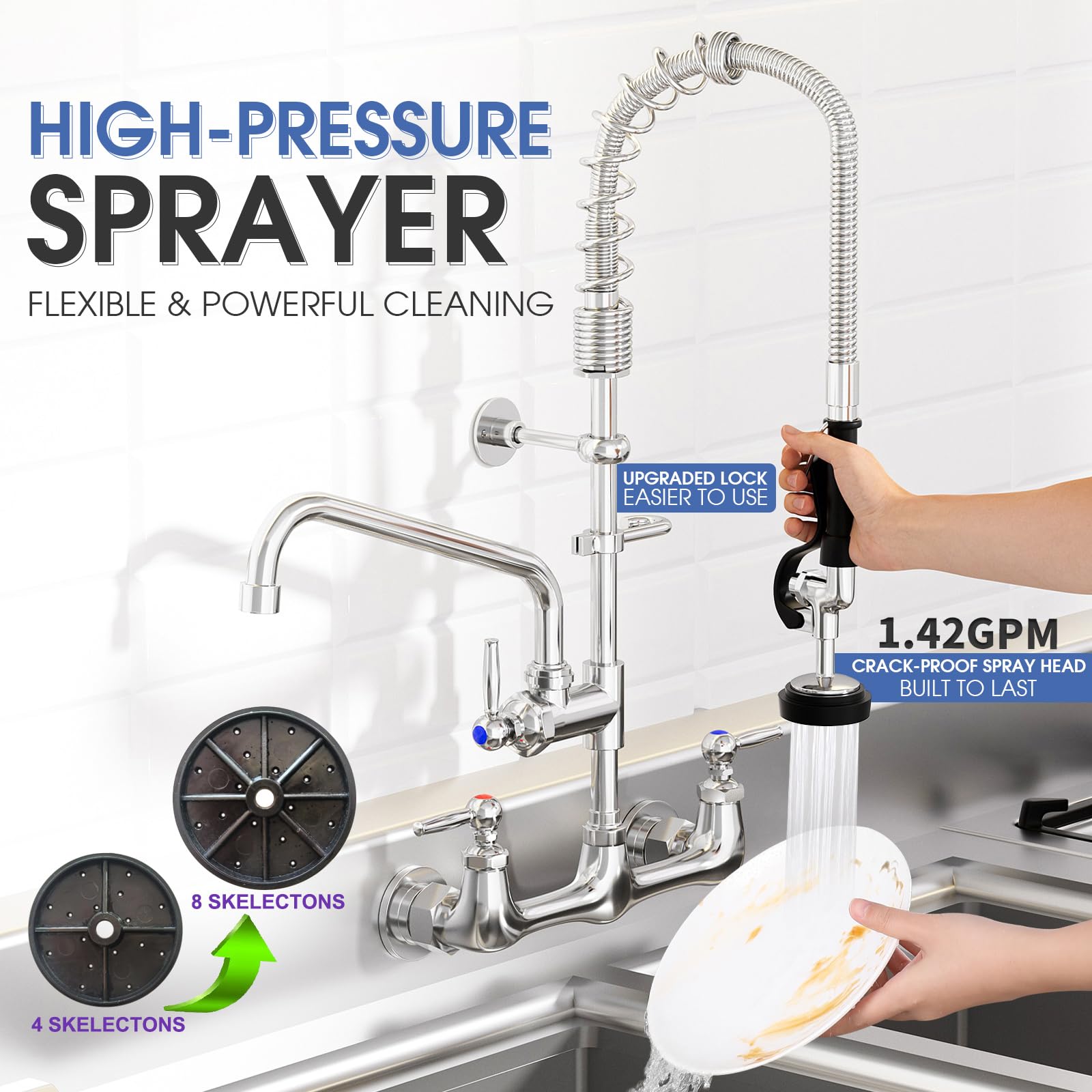 Nymeliu Commercial Faucet With Sprayer, 25'' Height Wall Mount Faucet, 8 Adjustable Center, 12'' Swing Spout, Pre Rinse Sprayer For Commercial Kitchen Compartment Sink, Chrome, Industrial