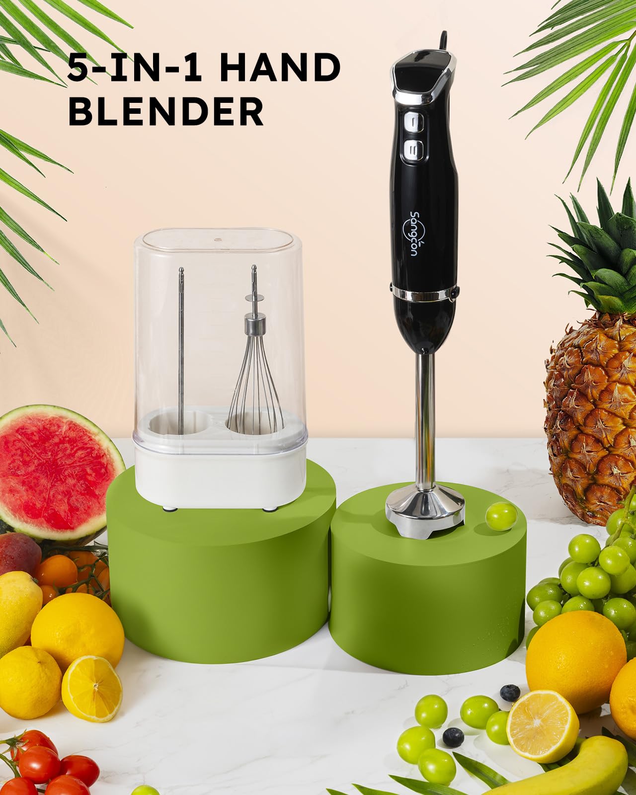 Sangcon Bundled 5-In-1 Immersion Blender Handheld, Hand Blender With 1000Ml Blending Cup Storage Base, 2-Speed Adjustable Stick Blender
