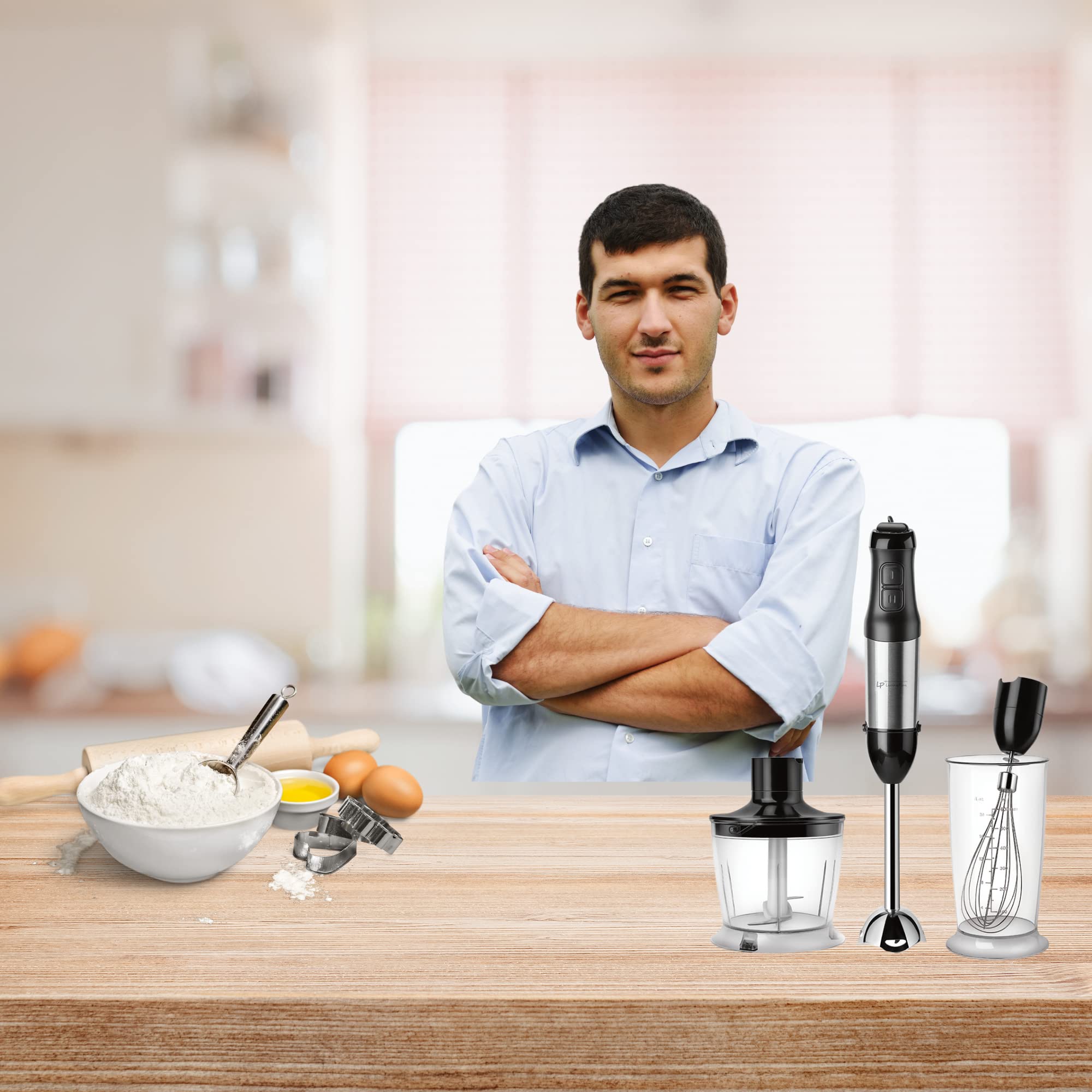 Lp Living Plus 4-In-1 Electric Hand Blender, Powerful 500W Stainless Steel Blender With Whisk, Chopper, Beaker, Easy To Clean, Advanced Noise Reduction