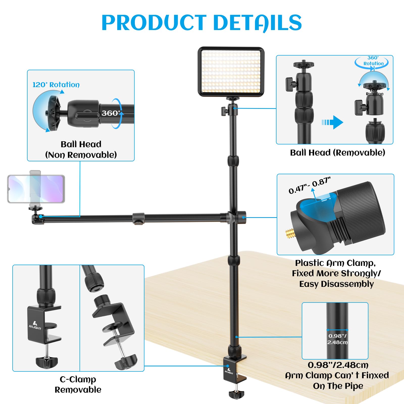 Ailight Overhead Camera Mount Desk Stand, 15.75"-33.45" Webcam Mount With 2-Section Adjustable Telescopic Boom Arm, C Clamp/Swiveling Ball Head For Dslr Camera, Phone, Ring Light, Webcam