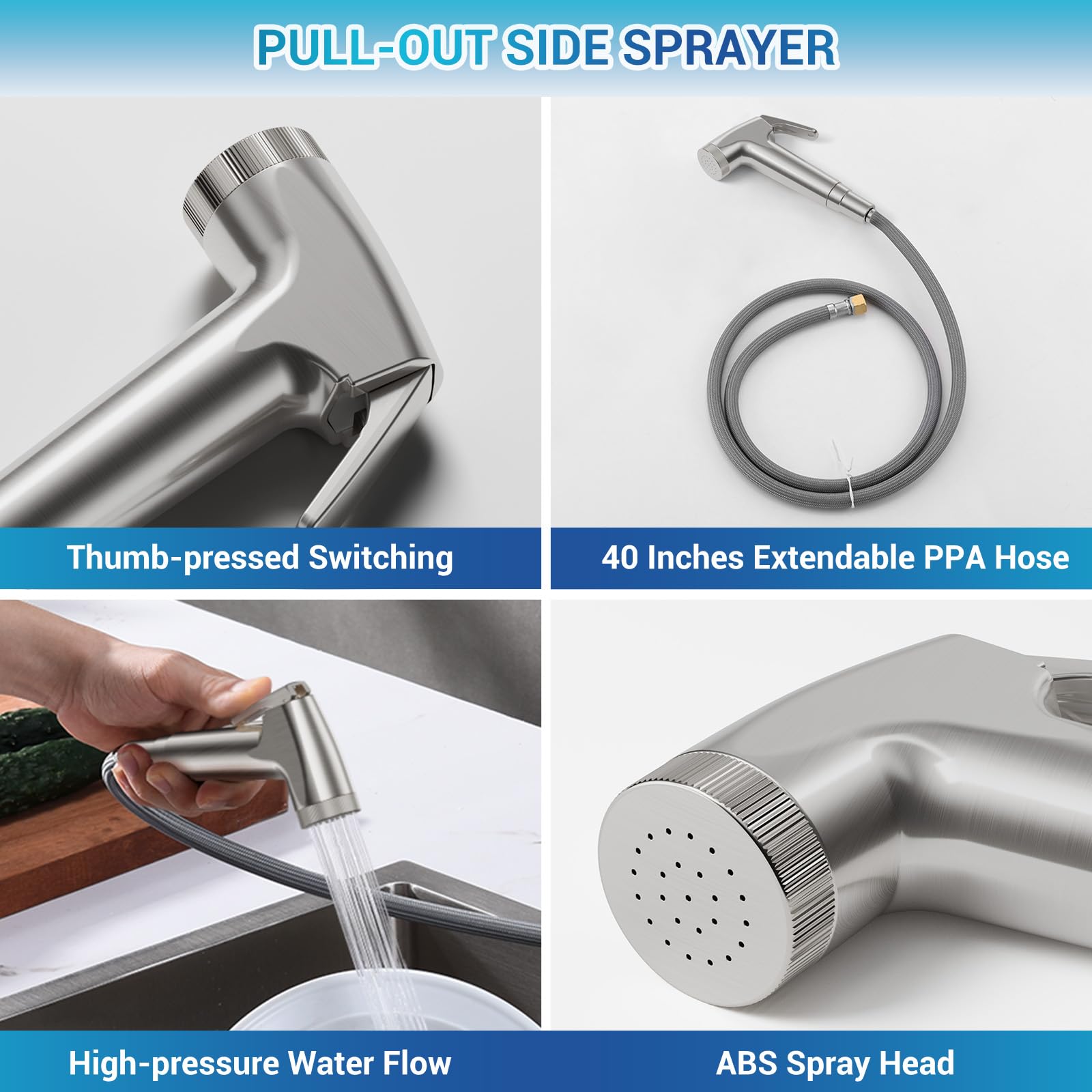 Appaso Kitchen Faucet With Side Sprayer, Brushed Nickel Kitchen Sink Faucet, 4 Hole Kitchen Faucet, Stainless Steel Faucet For Kitchen Sink, 2 Handle Faucets With High Right Angle Spout