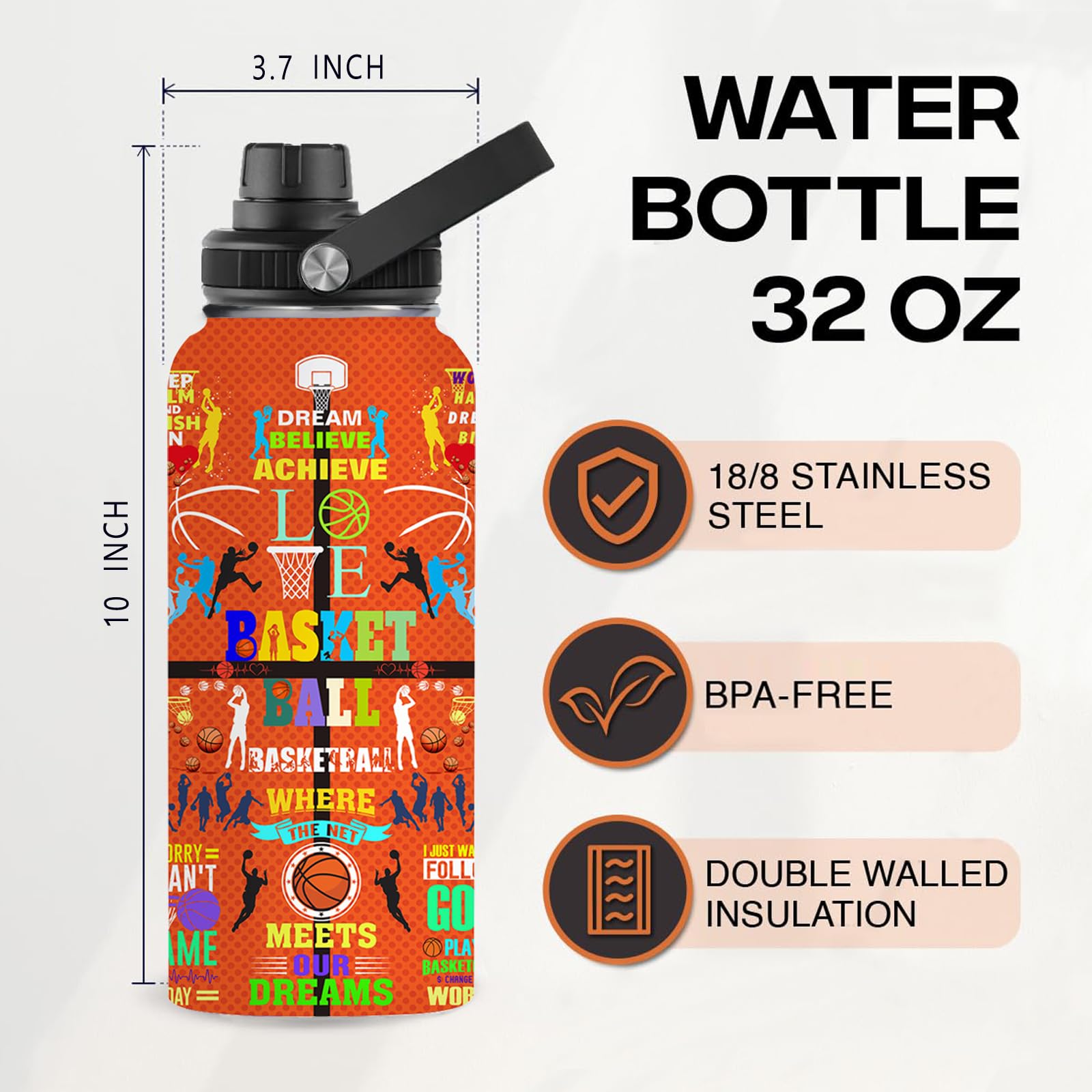 Basketball Water Bottle 32Oz Insulated Sports Water Bottles Basketball For Men Women