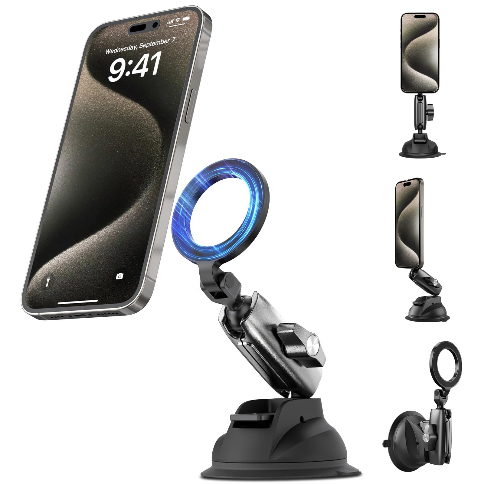 Telesin Telesin° Magnetic Aluminum Suction Cup Car Phone Holder For Video Recording, 360° Adjustment Car Phone Mount Dashboard Phone Holder For Magsafe, Windshield Window Dash Vent Mount For Iphone Android