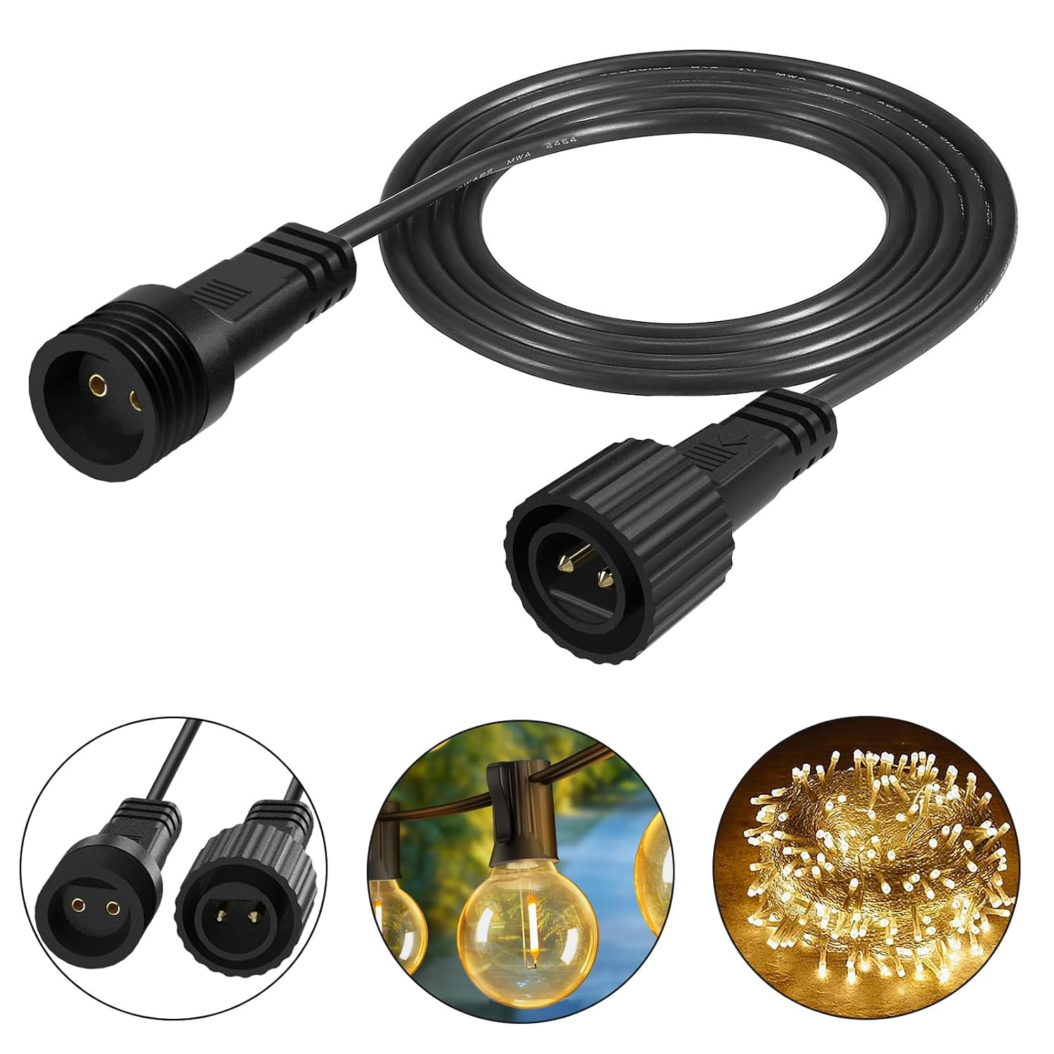 Ffzzkj 2Pin Extension Cable For G40 Globe String Lights Ip68 Waterproof Extension Lead 24Awg Extension Cord For Outdoor Solar String Lights, Indoor String Lights, 6.6Ft(2M)