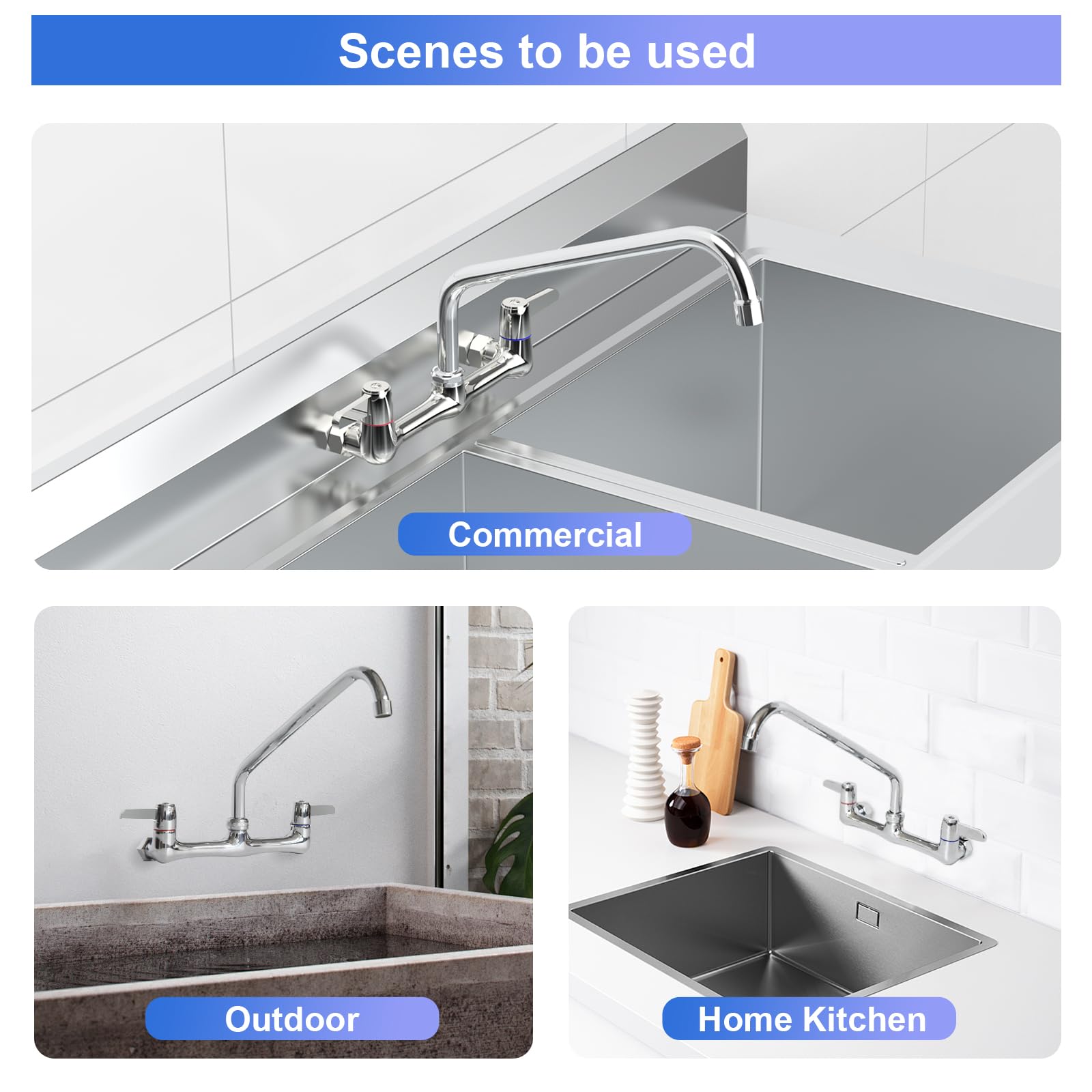 Gosifaca Commercial Sink Faucet Wall Mount With 12" Swivel Spout, Wall Mount Kitchen Faucet, Commercial Kitchen Faucet-8 Inch Center For Utility Sink And 2/3 Compartment Sink