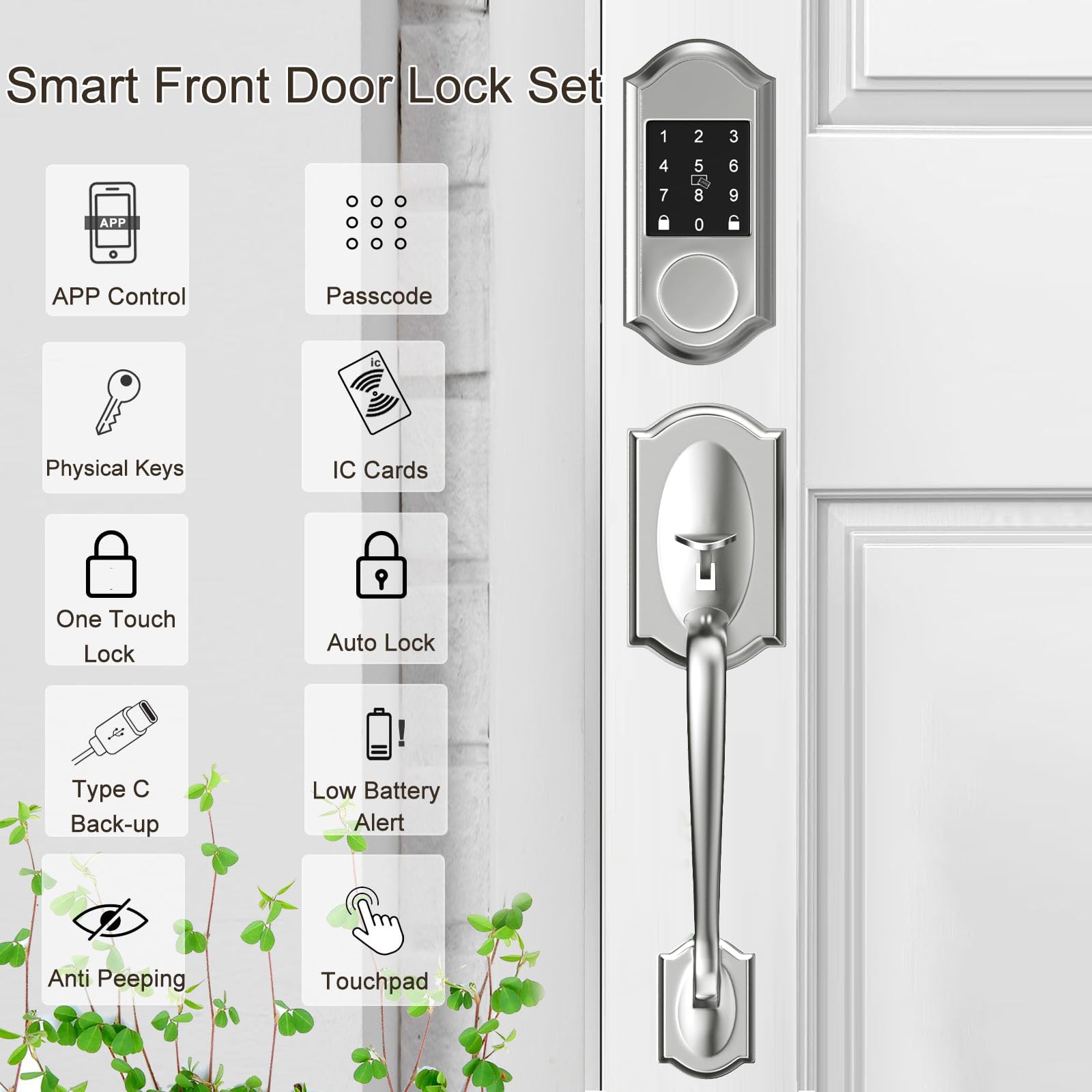 Narpult Smart Keyless Entry Door Lock Deadbolt With Handle Set, Smart Lock For Front Door, Front Door Lock Set With Smart Lock And Front Door Handle,Satin Nickel