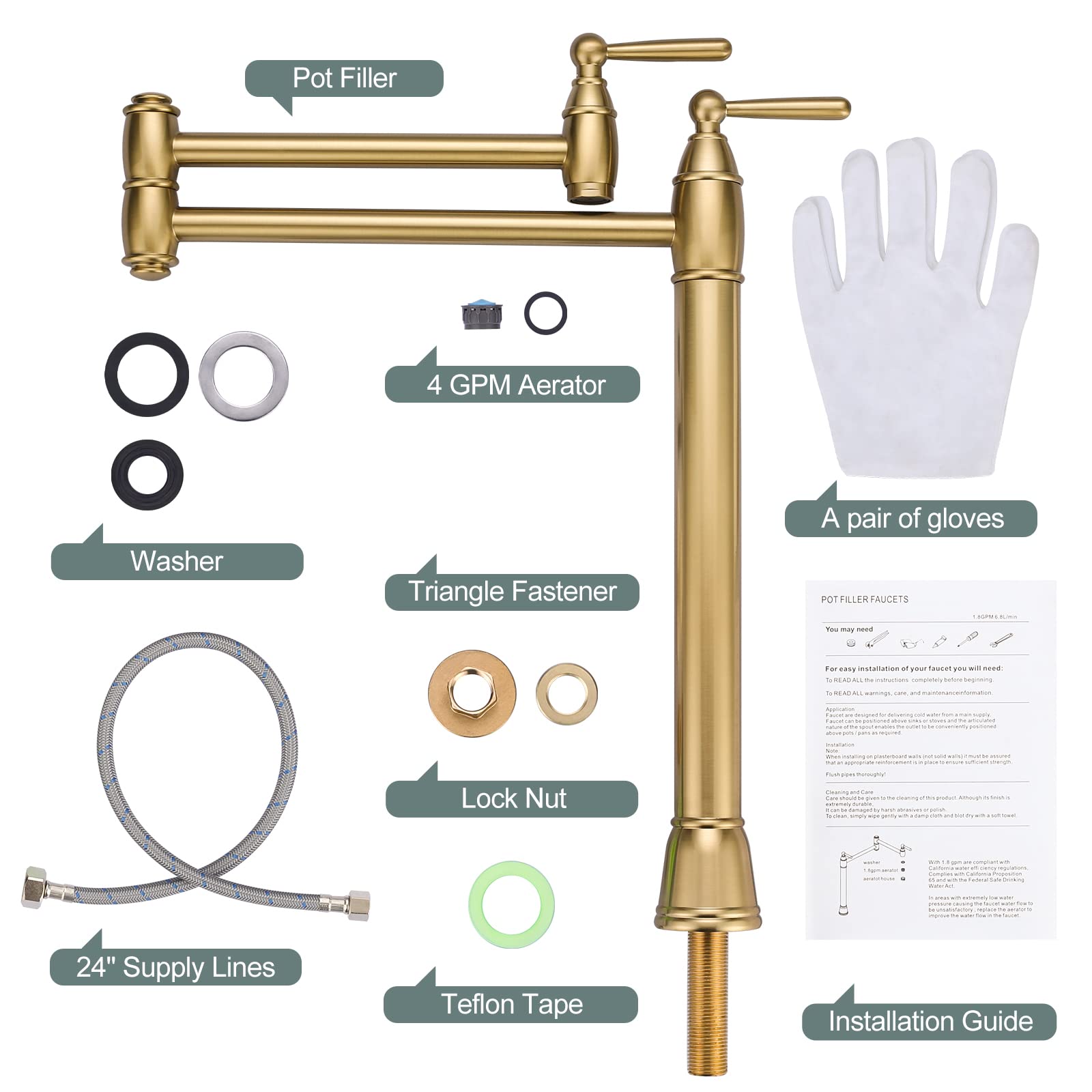 Arcora Pot Filler Deck Mount Stove Faucet, Brushed Gold Pot Filler Faucet, Folding Faucet With Stretchable Double Joint Swing Arms, Solid Brass Pot Filler