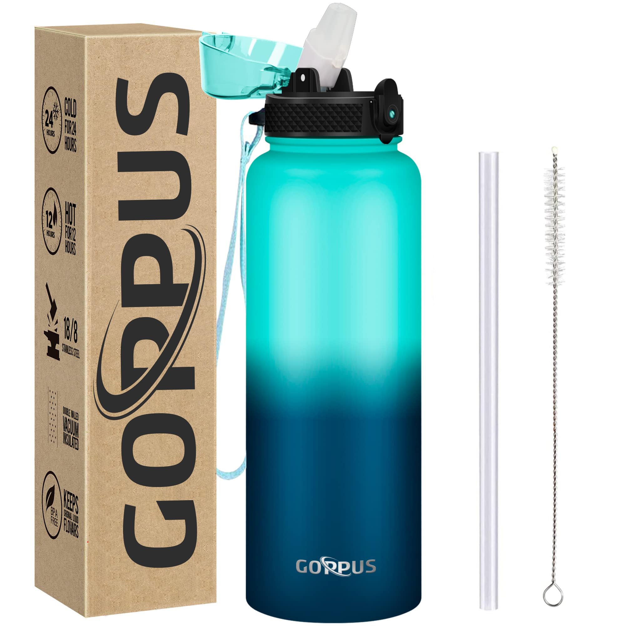 Goppus 40 Oz Insulated Water Bottle With Straw Lid Stainless Steel Sports Water Cup Flask Wide