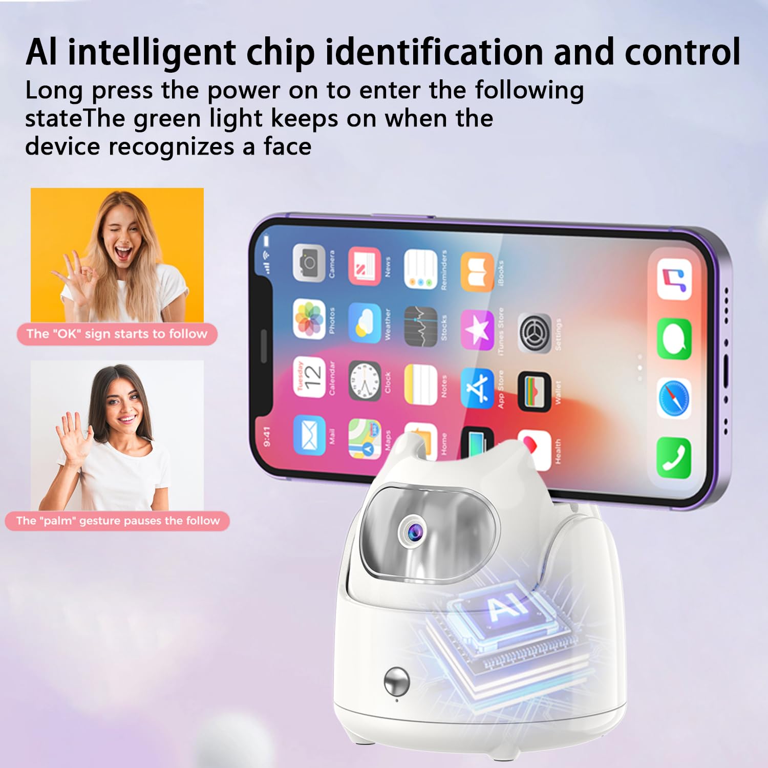 Afarer Auto Face Tracking Phone Holder With Remote, 360°Rotation Tracking, 360°Tripod Body Face Smart Shooting Gesture Control Moving Tripod For Phone Video,Vlog No App- White