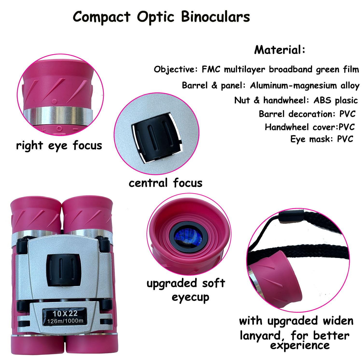Awoez 10X22 Compact Binoculars For Adults Teens, Mini Small Optical Binoculars For Bird Watching Opera Hiking Hunting Travel Concert (Pink, 10X22)