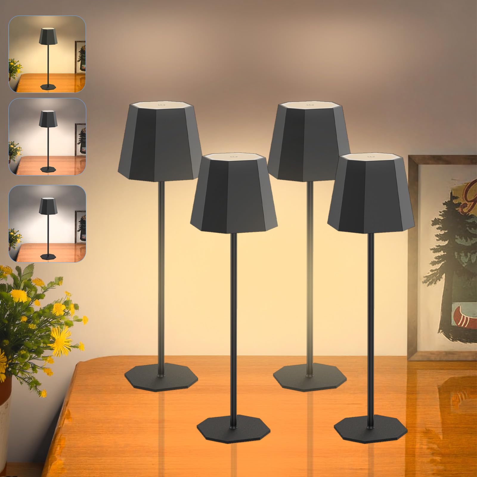Yinduz Cordless Table Lamp Rechargeable Black 4 Pack 5000Mah Battery Operated Lamp For Counter, 3 Color Stepless Dimming Waterproof Led Wireless Lights For Dining Kitchen, Touch Control