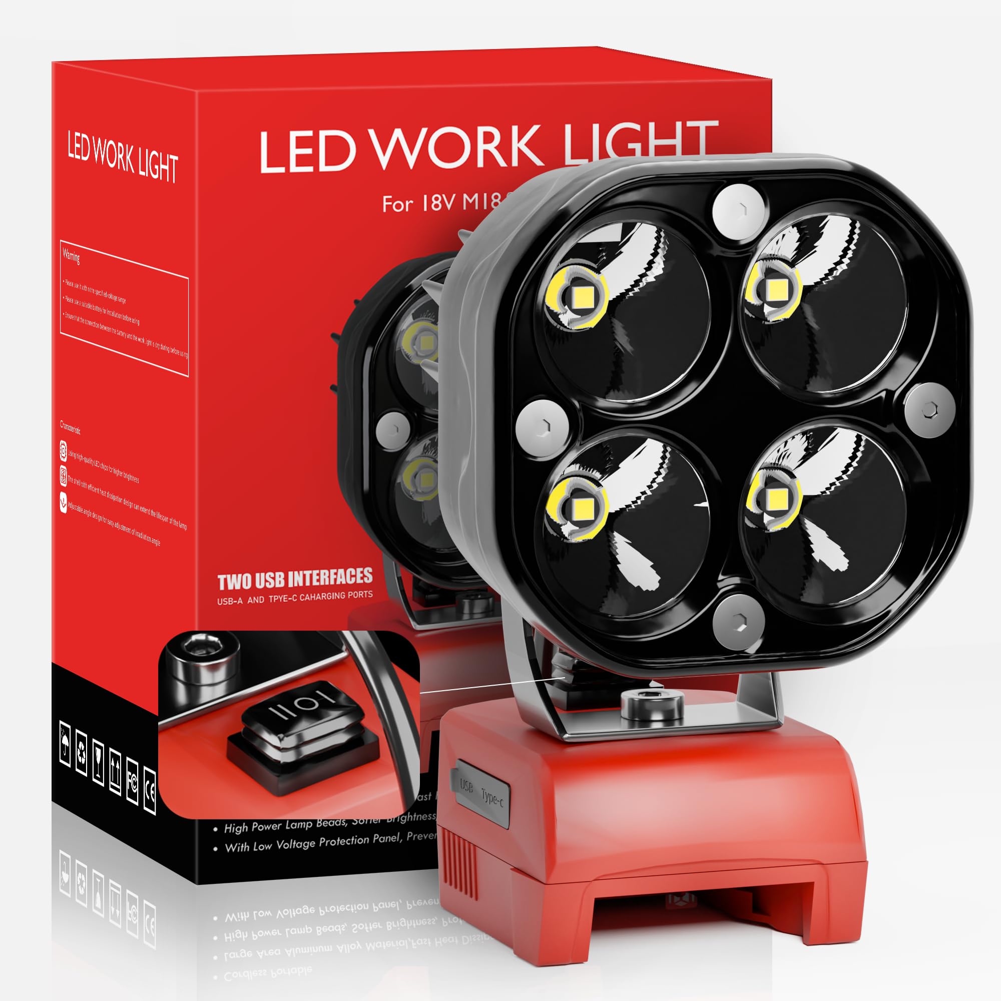 Bukattadv Milwaukee M18 18V Battery Portable Led Work Light 1800Lm Flashlight Spotlight, Work Light, On-Site Lighting Work Site Lighting Usb And C-Type Charger Port