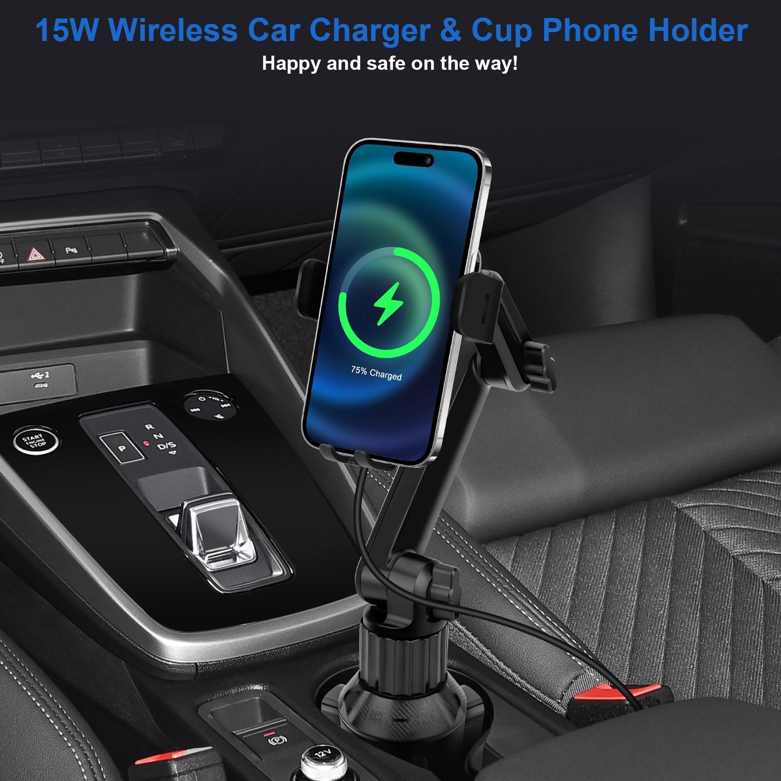 Trixcoin 2-In-1 Wireless Car Cup Holder Phone Charger: 15W Fast Charging Auto Clamping Air Vent Car Mount Charger 13Inch Adjustable Long Neck Phone Holder Cradle For Car, Universal For Iphone Samsung
