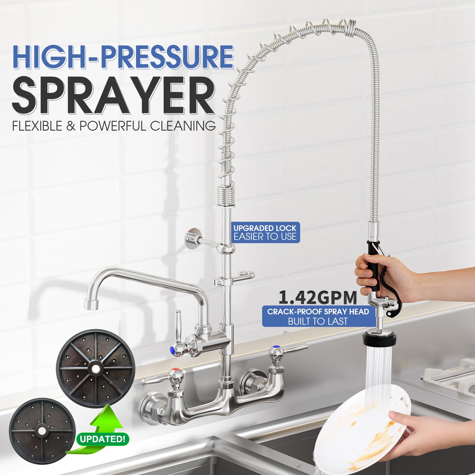 Nymeliu Commercial Sink Faucet With Sprayer 36" Height Commercial Kitchen Faucet Wall Mount With 12" Add-On Spout, Stainless Steel Hose Pre-Rinse Sprayer For Restaurant