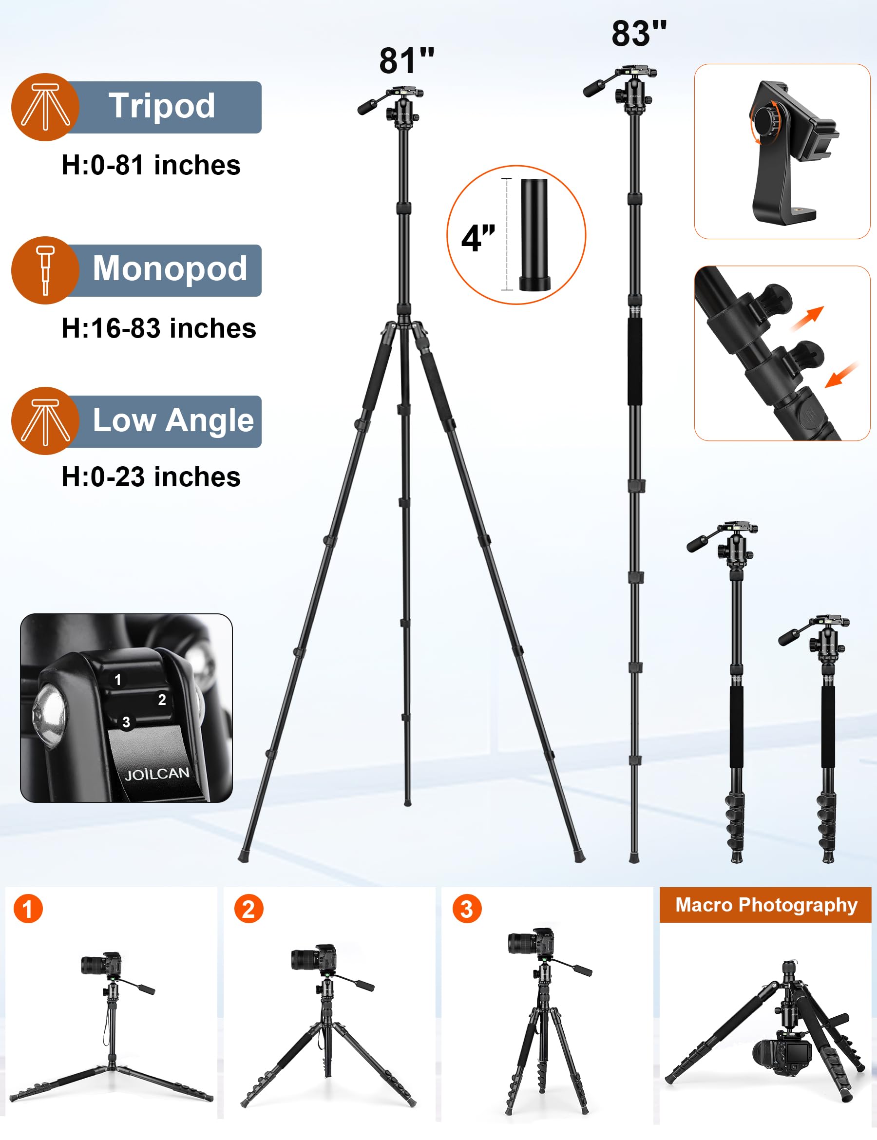 Victiv Joilcan Camera Tripod, 83" Aluminum Tripods & Monopods With Metal Handle, Heavy Duty Tripod For Dslr Camera Lasers Binoculars Telescope Spotting Scope, Payload 35Lb