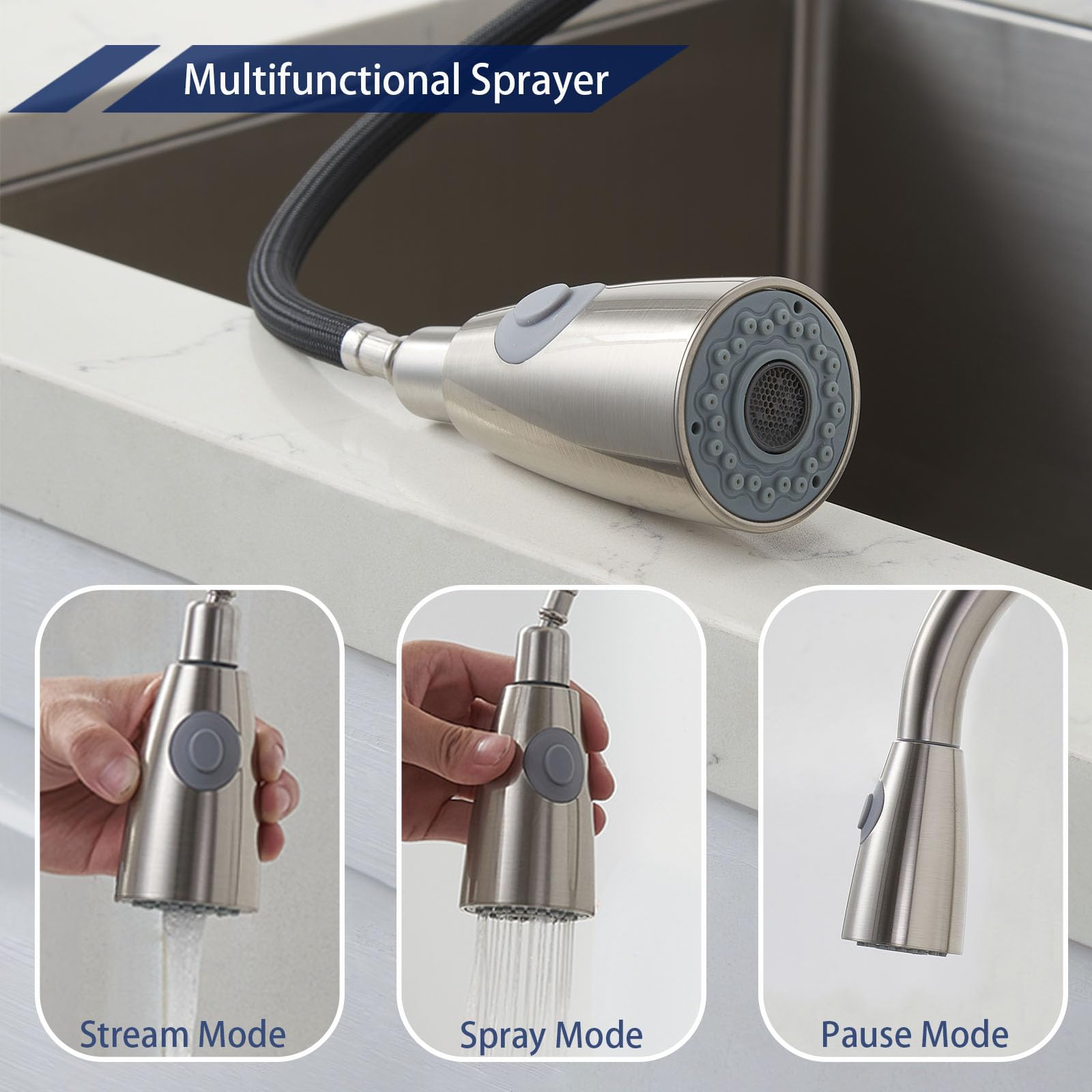 Shaco Kitchen Faucets, Kitchen Faucet With Pull Down Sprayer 2-Function Commercial Stainless Steel Kitchen Sink Faucet With Deck Plate 1 Hole Or 3 Hole Pull Out Faucet For Bar Laundry Rv