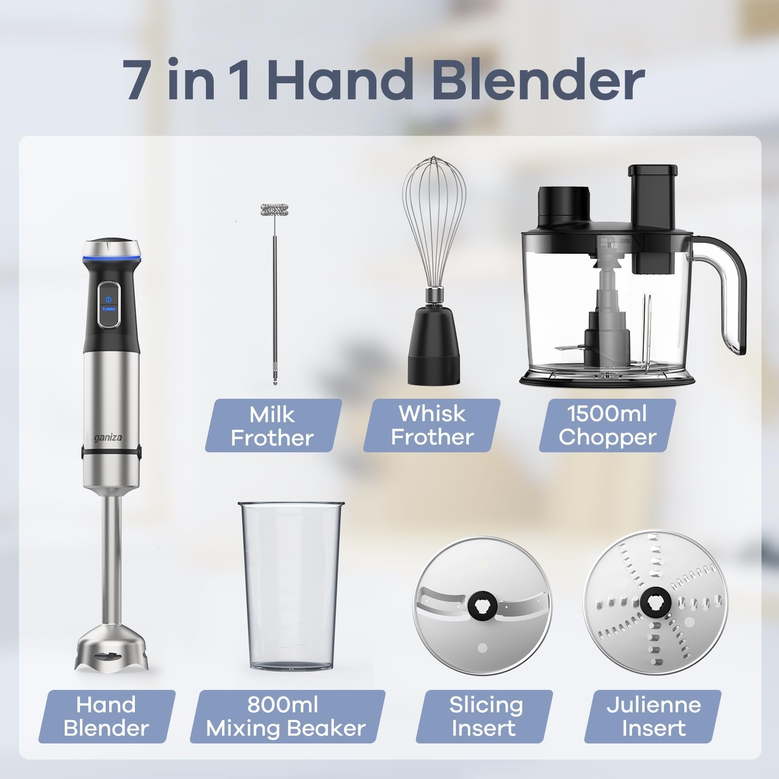 Ganiza Immersion Blender Handheld, 7 In 1 Hand Blenders Max 1000W, 15 Vasriable Speed And Turbo Mode, Stainless Steel, With 1500Ml Food Processor And Other 6 Pieces