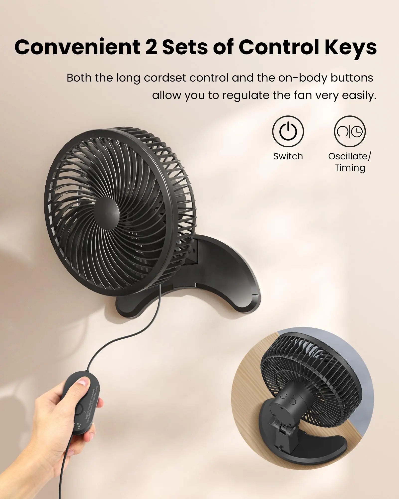 Koonie 8'' Wall Mount Fan, Quiet Small Wall Fan with Timer, 8.2ft Wired Remote, 80° Oscillation, 100° Adjustable - Koospark