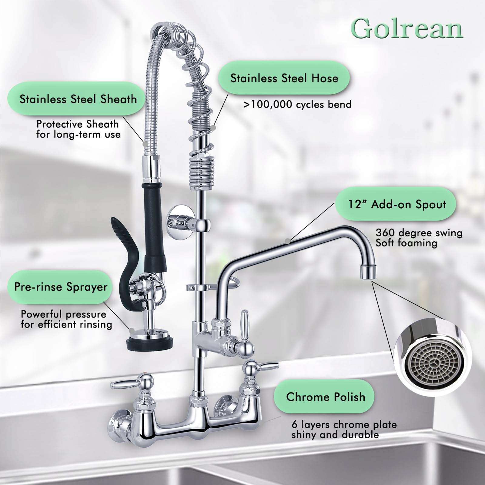Golrean Commercial Faucet With Pre Rinse Sprayer, Wall Mount Kitchen With 12" Add-On Swing Spout 8 Inch Center Commercial Sink Faucet Pull Down Sprayer For Industrial, Restaurant, Sink, Brass, 25" Height