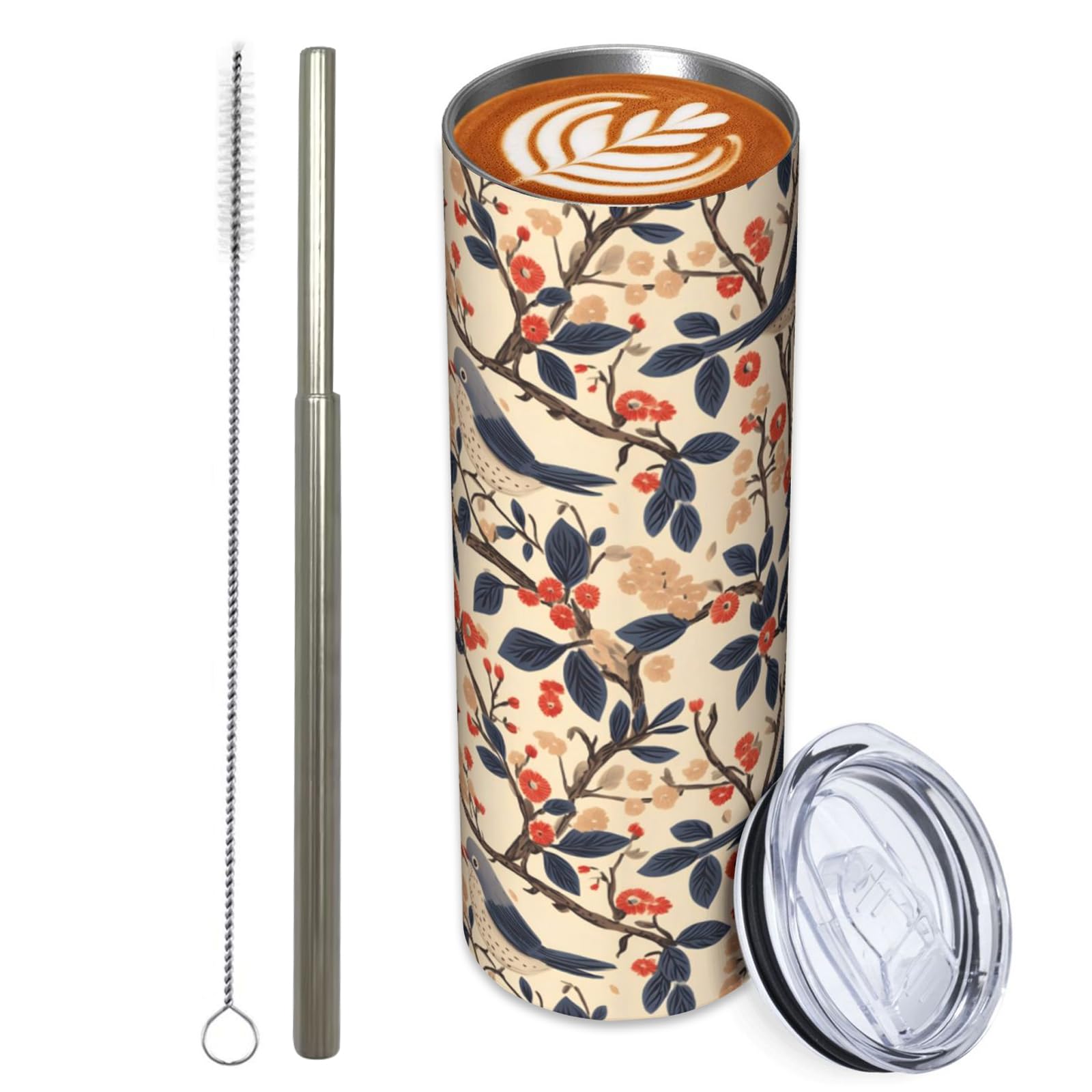 Stainless Steel Tumbler 20Oz With Lid And Straw, Birds Tumbler For Hot And Cold Beverages
