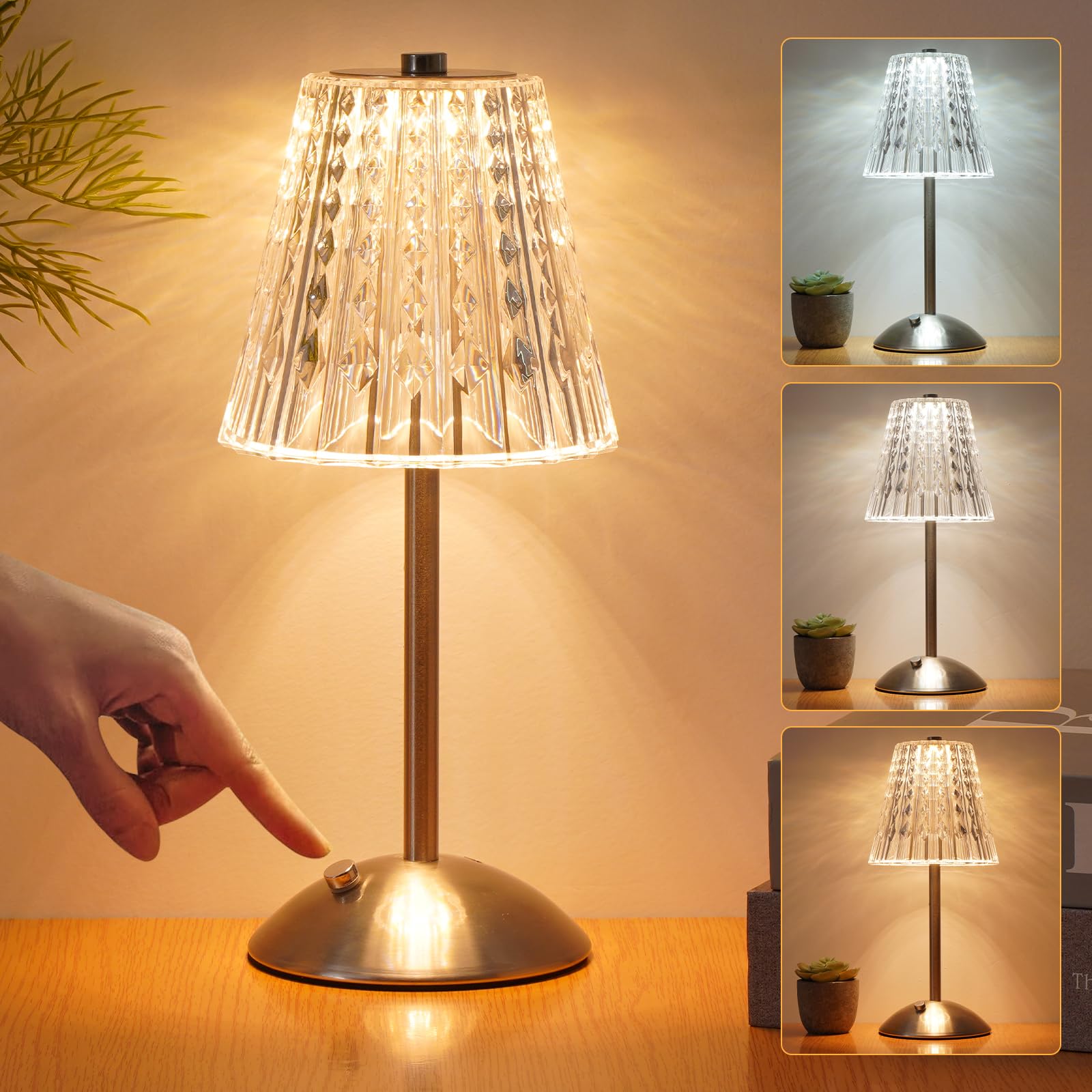 Nusogon Crystal Cordless Table Lamp,Vintage Lamp,Portable Led Metal Beside Lamps For Bedroom Restaurant Outdoor(Silver)