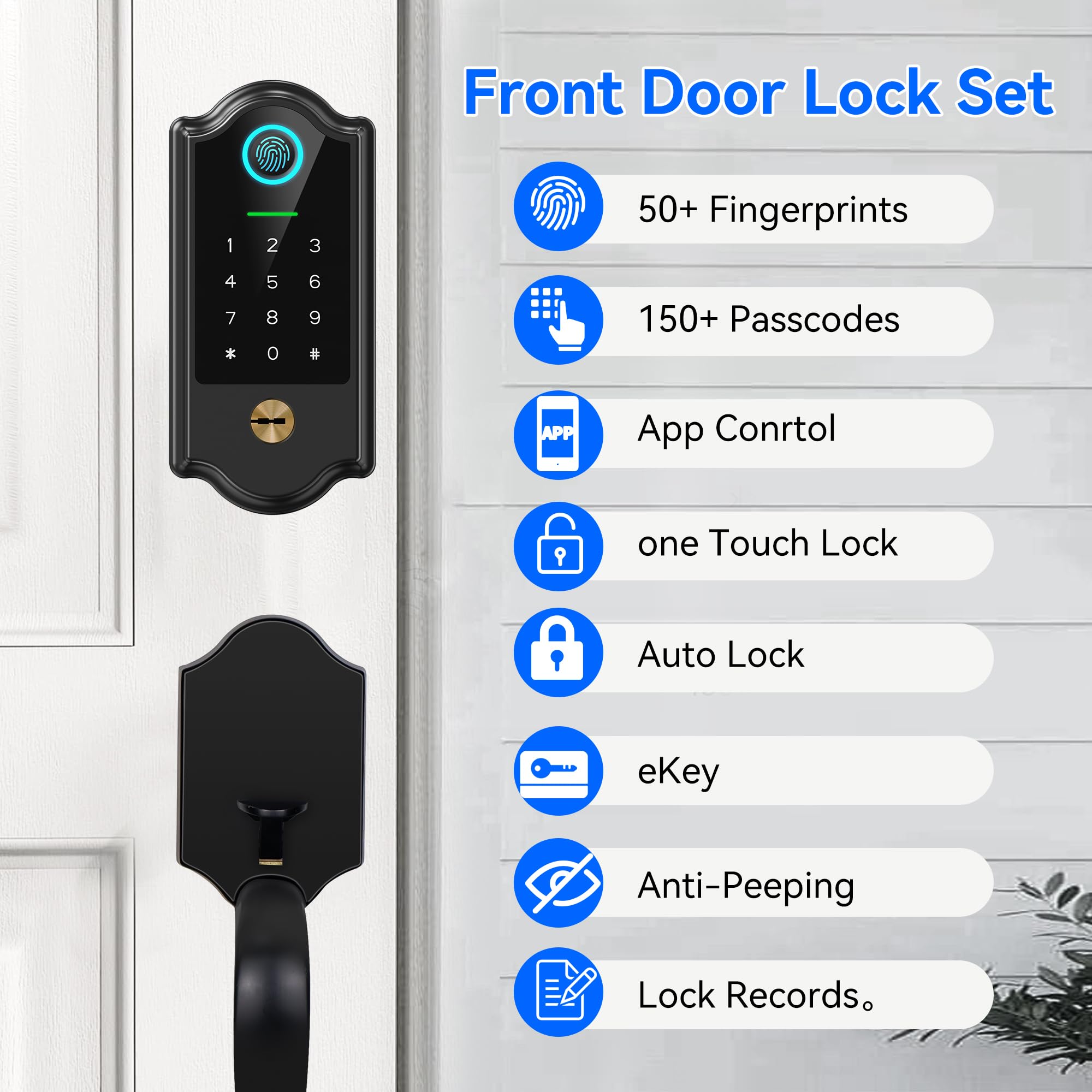 Yosimika Smart Fingerprint Door Lock For Front Door – Keyless Entry Deadbolt With Handle Set, Digital Keypad, App Control, Auto Lock, Easy Install, Matte Black