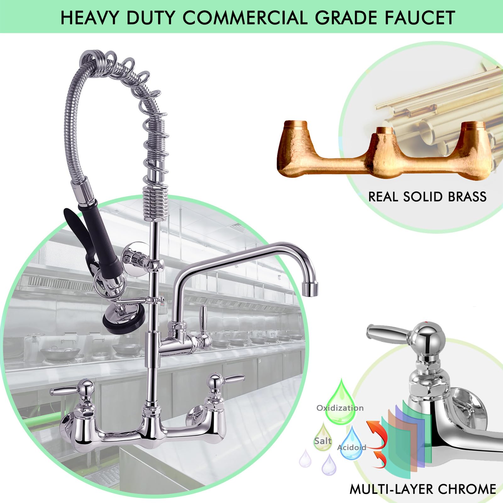 Golrean Commercial Faucet With Pre Rinse Sprayer, Wall Mount Kitchen With 12" Add-On Swing Spout 8 Inch Center Commercial Sink Faucet Pull Down Sprayer For Industrial, Restaurant, Sink, Brass, 25" Height