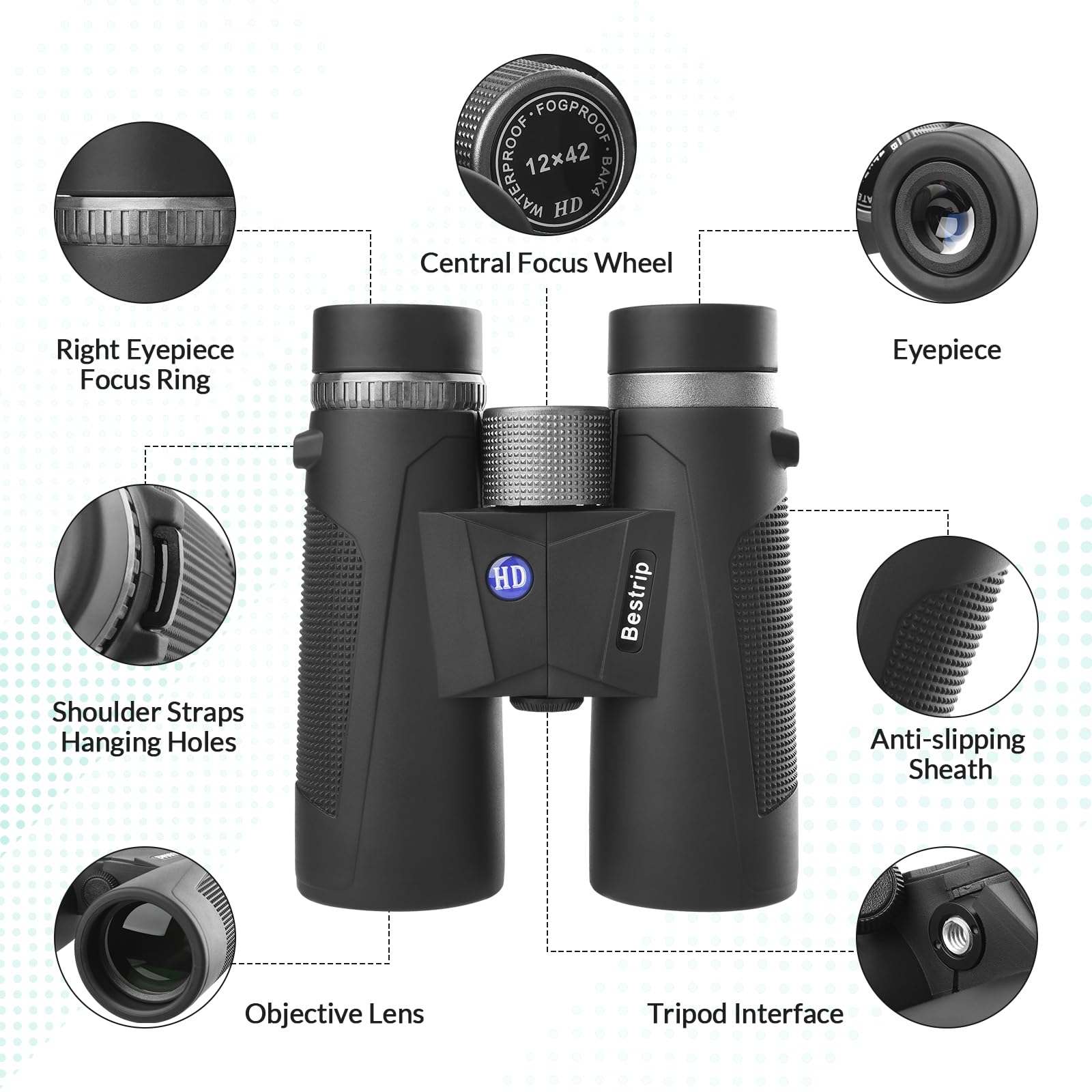 Bestrip 12X42 Binoculars For Adults With Tripod, Compact Waterproof Binoculars For Bird Watching Outdoors Hunting  For Men
