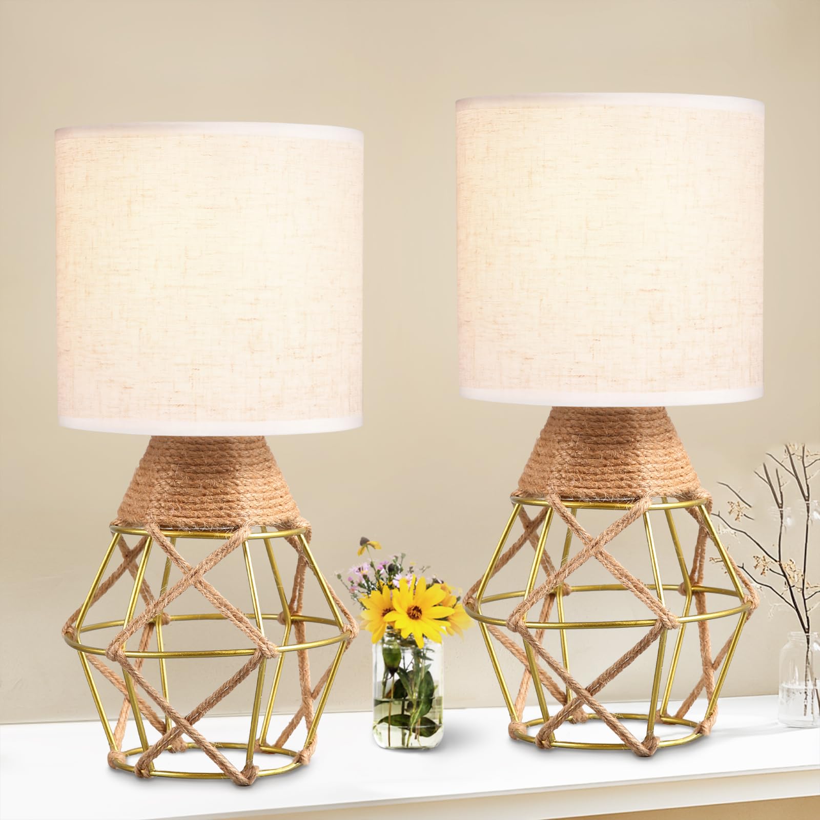 Hamilyeah Gold Table Lamps Set Of 2, Bedside With Fabric Shade, Woven For Nightstand With On/Off Switch, Modern Simple For Bedroom, Living Room