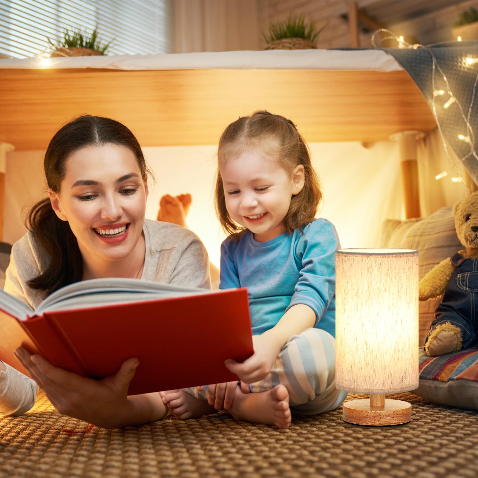 Fenmzee Small Table Lamp For Bedroom - Inline Control, Bedside Lamp With 3000K A15 Led Blub, Easy Assembly (Cream Shade - Wood Base, 9" Inline Control)