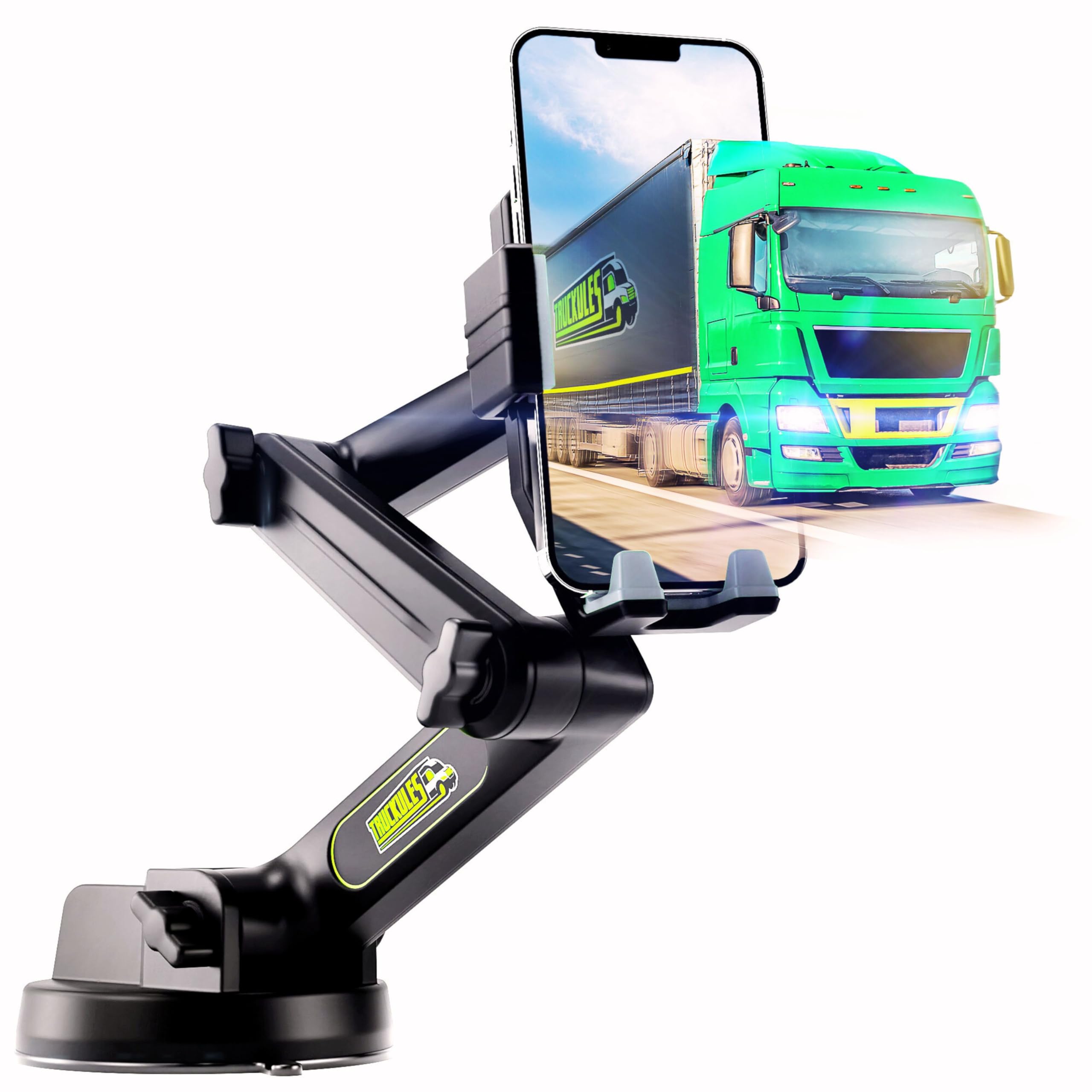 Truckules Phone Mount For Truck Phone Holder For Truck - Heavy Duty Super Suction Cup, Mobile Device Holder Dashboard Window 16.9 Inch Long Arm & Stable, Iphone & Samsung Compatible, Commercial Trucker, Gray