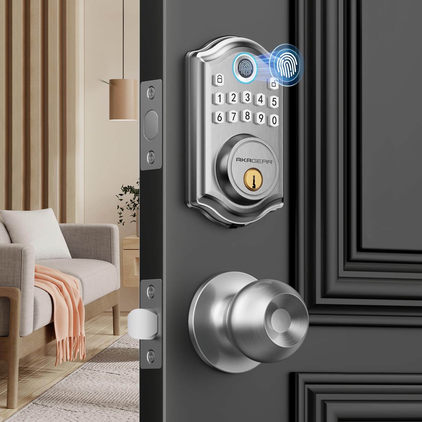 Akagear Keyless Entry Door Lock With Door Knob Handle, Fingerprint Door Locks, Electronic Smart Deadbolt, Keypad Door Lock With Code, Smart Locks For Front Doors, Auto-Lock & One Touch Locking