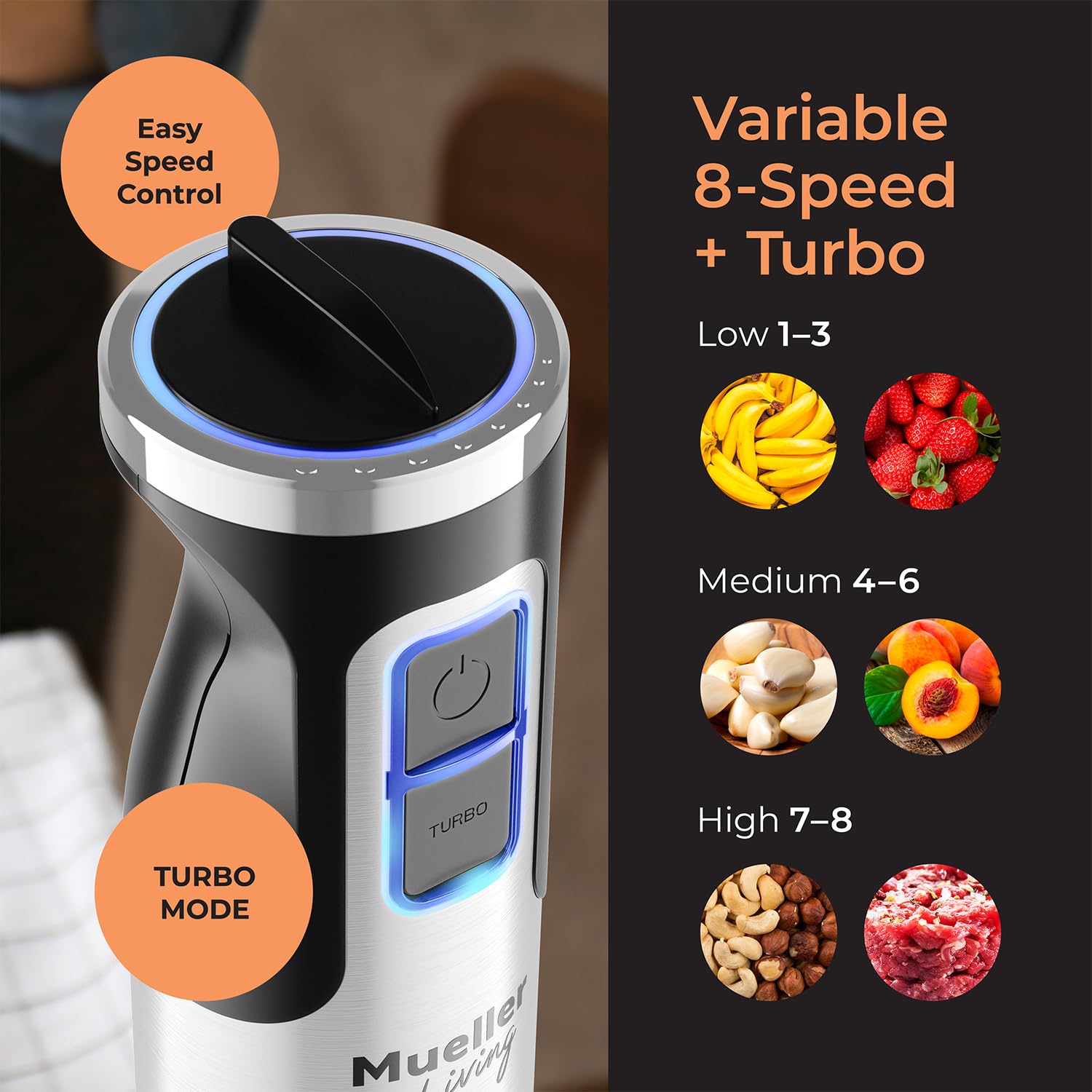 Mueller Immersion Blender Handheld 8 Speed Stainless Steel Electric Hand Blender, 3 In 1 Emulsion Blender Handheld With Turbo Mode, Stick Blender Emulsifier For Kitchen For Soup, Smoothie, Puree
