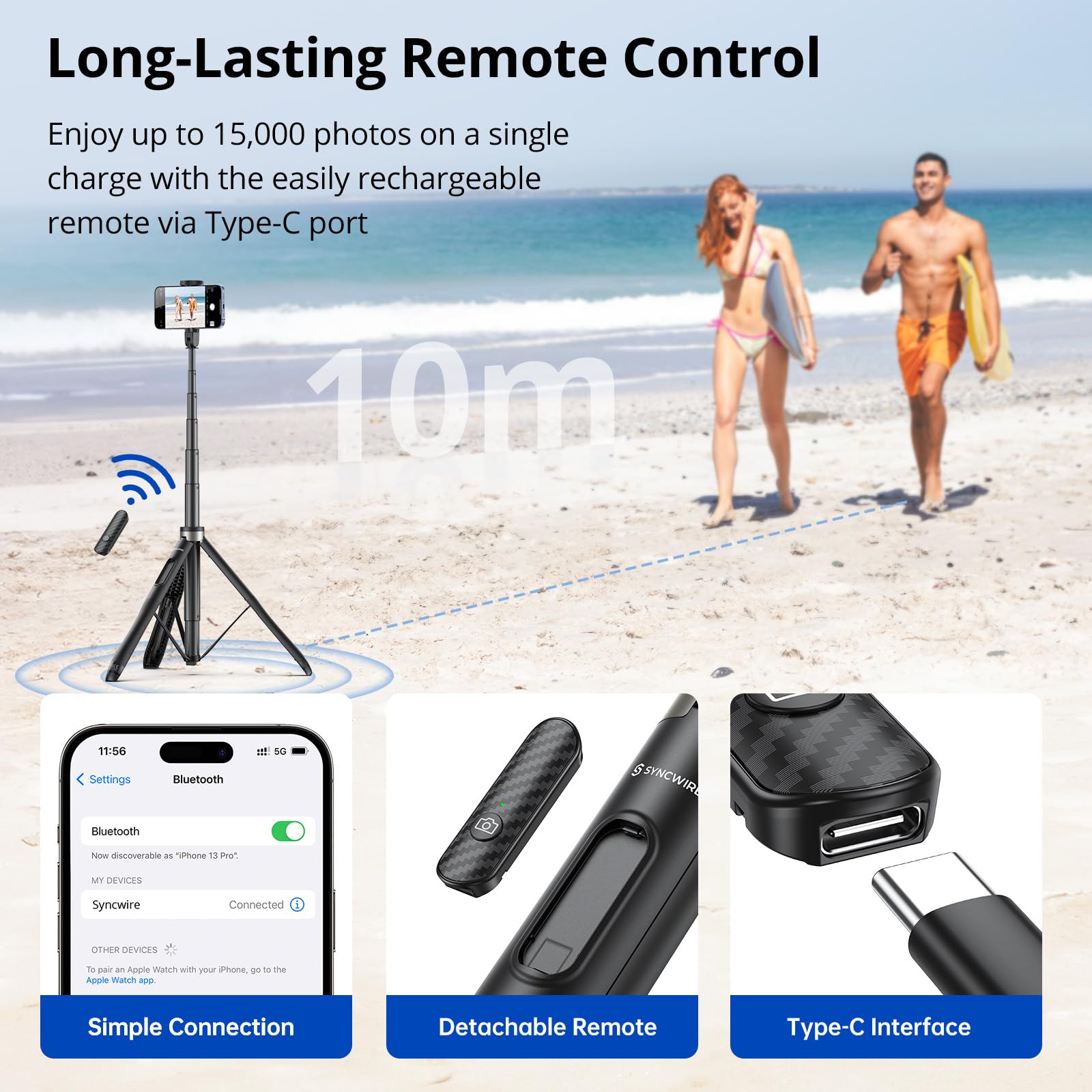 Syncwire 53.5" Phone Tripod, Selfie Stick Tripod With Bluetooth Remote, All-In-One Aluminum Phone Tripod Stand For 4”-7” Iphone And Android Smartphones, Black