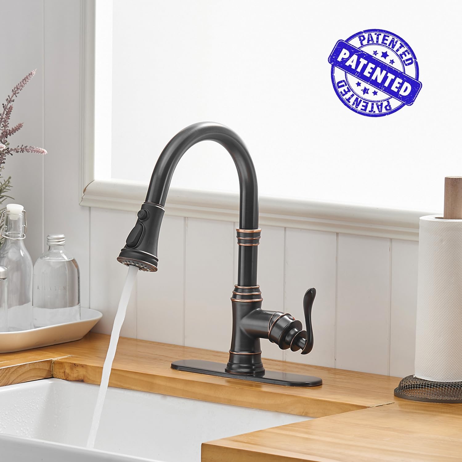 Bwe Oil Rubbed Bronze Kitchen Faucet With Pull Down Sprayer, 3 Spray Modes, Single Handle High Arc Kitchen Sink Faucets With Deck Plate Commercial Bar Farmhouse Pull Out Sprayer