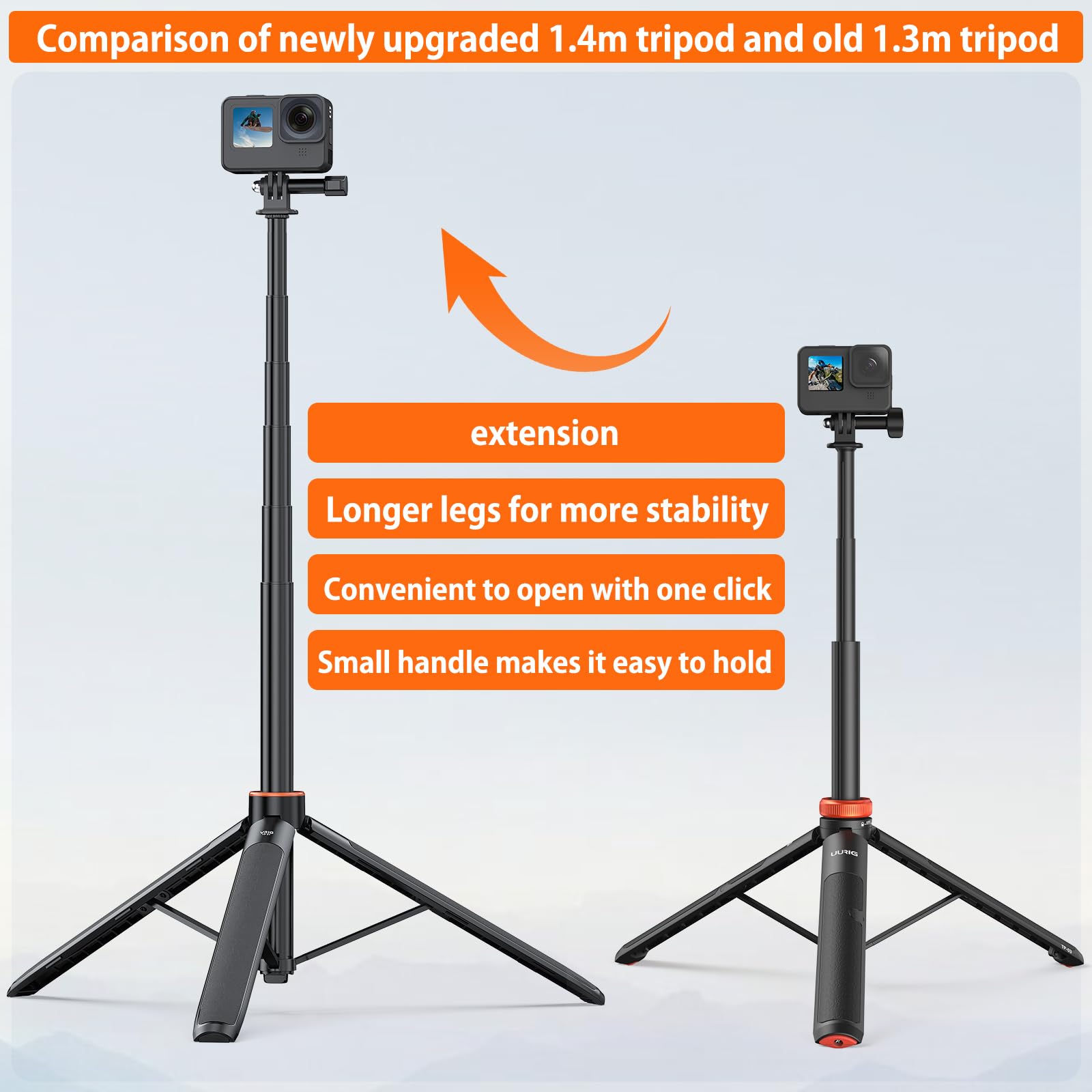 Uurig Vrig Extendable Selfie Stick Tripod For Gopro Max Hero 10 9 8 7 6 5 4, Dji Osmo Action, Insta 360 One R And More Action Camera(55.1'')