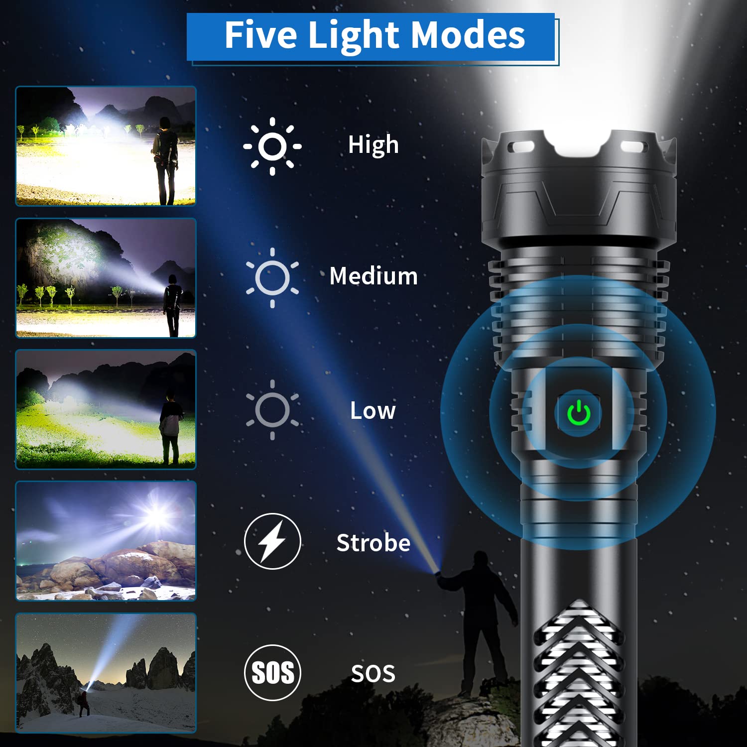 Weoxi Super Bright Led Flashlight, 3600000 High Lumens Rechargeable Flashlights With Long Handle, 10000Mah Battery Zoomable 5 Modes For Outdoor Camping, Emergencies