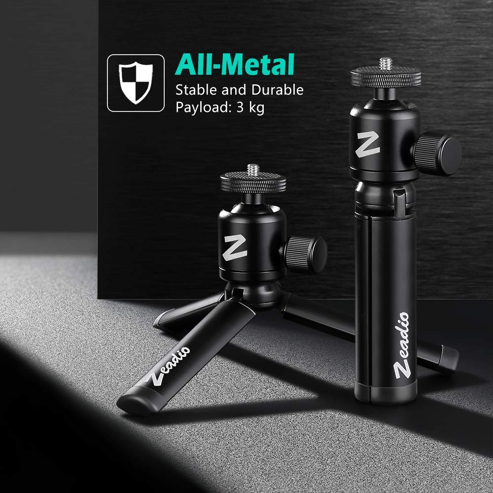 Zeadio Metal Mini Tripod + Ball Head Mount, With 1/4 Inch Screw Desktop Tabletop Stand Tripod, Fits For Smooth 4, Osmo Mobile, Vimble 2, Gimbal Handle Grip Stabilizer And All Cameras